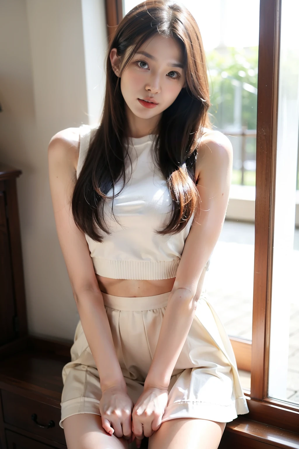 highest quality, masterpiece, 8k, ultra high resolution, (realistic: 1.4), 1 girl, beautiful face, symmetrical eyes, big, perfect body proportions, ((long hair、bangs))、((brown hair:1.5)), School teacher、((Tank top、panties:1.4)), ((show off your crotch:1.5)), The viewer's gaze, ((sit with legs apart、Blurred Background:1.5)), look at camera、A friendly smile、seems kind、cowboy shot