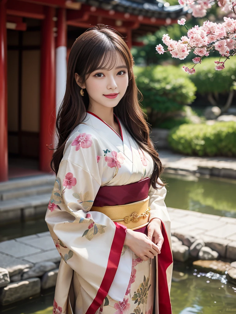 (Realistic, photo-Realistic:1.37), (masutepiece), (Best Quality:1.4), (超A high resolution:1.2),(Raw photo:1.2), 1girl in、femele、Wavy black hair、contemporary scene, 精巧な庭園に日本の和装femele. She has beautifully detailed eyes and lips that complement her face. She wears a traditional kimono with intricate patterns and dragon designs. Around her are bright cherry trees and a quiet carp pond. The scene is painted with a blend of illustration and photorealism, Ultra-detailed brush strokes and clarity, Vivid colors. Lighting emphasizes the elegant features of the geisha, Gives her porcelain skin a soft glow. Artwork is of the highest quality, 4K or 8K resolution, Showcasing the intricate details of her outfit, cherry trees, And the dragon's glittering scales, The overall color scheme is、It is a combination of traditional shades of Japan, Crimson, and subtle gold accents, With a futuristic twist. The fusion of ancient traditions and modern technology is、Create captivating and visually striking masterpieces.FULL BODYSHOT,Angle from your feet,a smile,The whole body is reflected