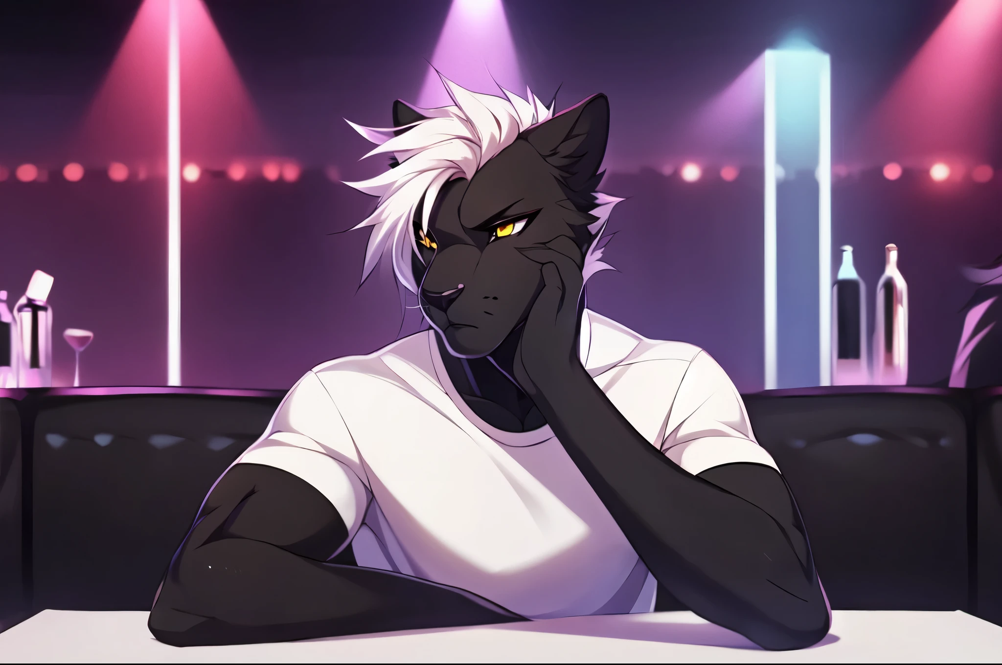 Male, solo, a furry anthro black panther male, muscular, buff, yellow eyes, panther ears, white whiskers, wearing white shirt, arms crossed, serious face, looking annoyed, looking away, white hair, faux hawk hair, cell shading, in a club, busy club, detailed background, by fumiko, by hyattlen, by hioshiru, far away shot, sitting behind a table, long shot, facing viewer