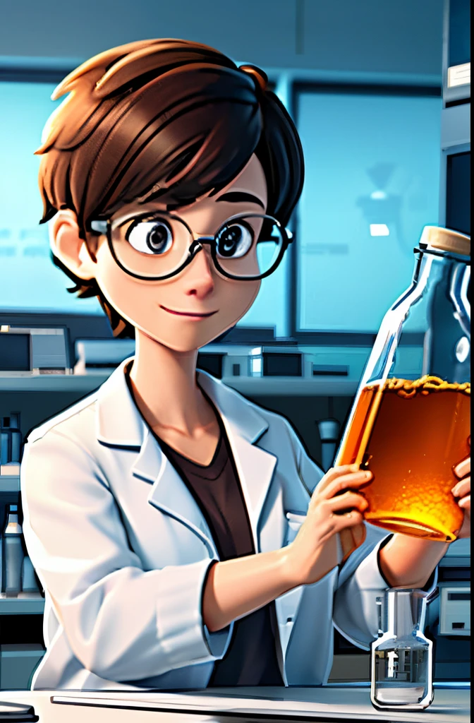 2D drawing of a teacher showing his students the equipment commonly used in the laboratory.
