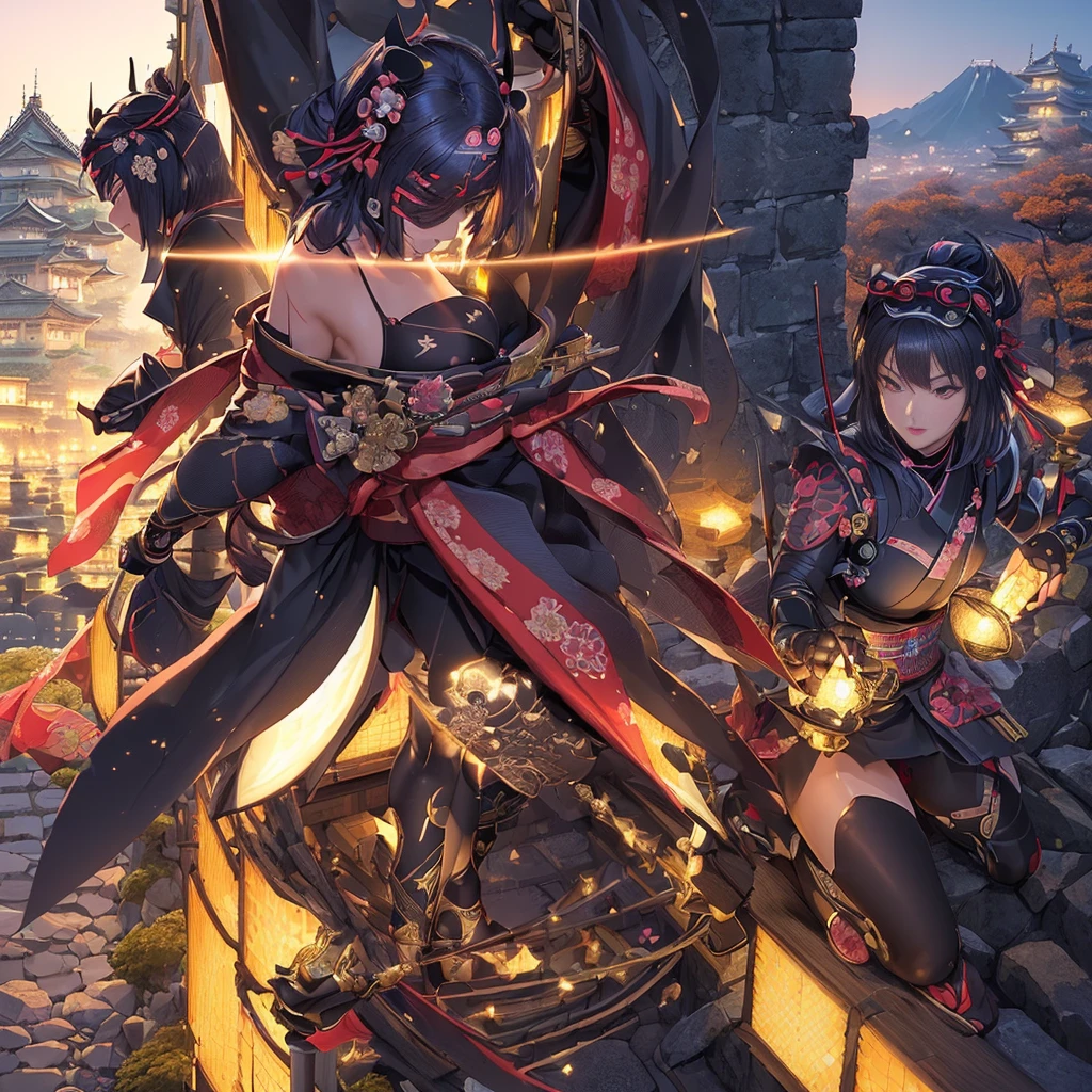 (((Masterpiece, top quality))), (((top quality))), (((ultra-detailed))), (very delicate and beautiful)), (((Japan))), ninja girl, light like a movie, (((ninja beings operating in the dark at night))), Milky Way, (((Japanese castle in the background))), manipulating illusions,