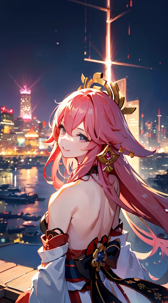 portrait,landscape,painting,illustration,yae miko, sleeves separated, strapless, (sideboob:1.45), pink hair, long hair, Japanese clothing,festive atmosphere,grand fireworks display in the night sky,sparkling fireworks,mesmerizing colors,romantic ambiance,futuristic skyscrapers,tall buildings,reaching towards the sky,glowing neon lights,amazing architectural design,twinkling stars,celebration of the new year,overwhelming sense of excitement,magical moment,inspiring and artistic composition. best quality,4k,8k,highres,masterpiece:1.2,ultra-detailed,realistic:1.37,