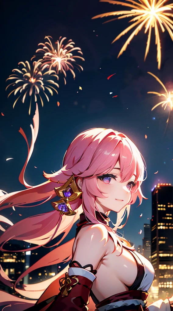 portrait,landscape,painting,illustration,yae miko, sleeves separated, strapless, (sideboob:1.45), pink hair, long hair, Japanese clothing,festive atmosphere,grand fireworks display in the night sky,sparkling fireworks,mesmerizing colors,romantic ambiance,futuristic skyscrapers,tall buildings,reaching towards the sky,glowing neon lights,amazing architectural design,twinkling stars,celebration of the new year,overwhelming sense of excitement,magical moment,inspiring and artistic composition. best quality,4k,8k,highres,masterpiece:1.2,ultra-detailed,realistic:1.37,