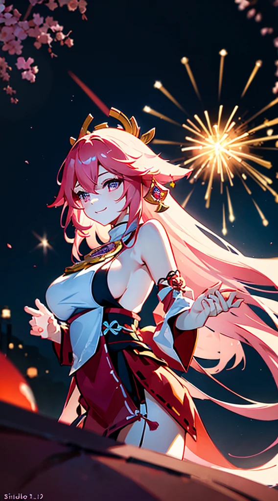 wide wide shot,Expansive night sky,celebration of the new year,Winter snowflakes fluttering,landscape,painting,illustration,portrait,yae miko, pink hair, sleeves separated, strapless, (sideboob:1.45),((grand fireworks display in the night sky)),mesmerizing colors fireworks,twinkling stars,Futuristic high-rise buildings,romantic ambiance,overwhelming sense of excitement,festive atmosphere,magical moment,inspiring and artistic composition. best quality,4k,8k,highres,masterpiece:1.2,ultra-detailed,realistic:1.37,