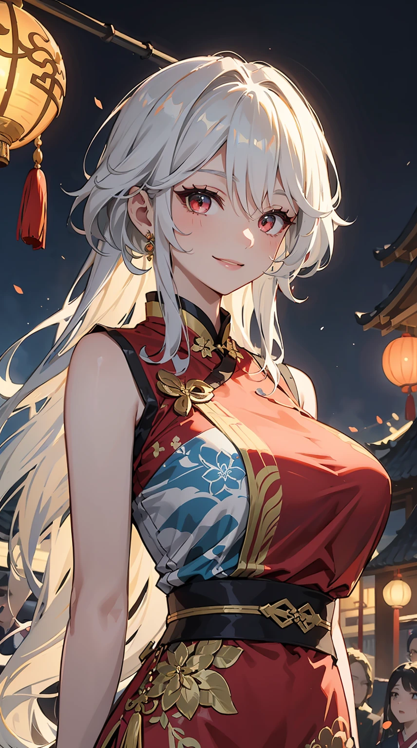 Roro Jonggrang is a legendary figure from Japanese folklore who is renowned for her exceptional beauty, alluring face and cute look. According to tradition, she is said to have possessed a multicolored hair, long red hair, and enchanting red eyes. She is always wearing chinese traditional dress, which is wearing chinese long dress with dragon pattern, jewelry, gems, accessories, ornaments and wraps around her body perfectly. Roro Jonggrang's appearance is often likened to that of a goddess, with delicate features and a regal presence that immediately commands respect. Her beauty is celebrated across Indonesia and has inspired countless works of art throughout the centuries. 1 girl, solo, solo focus, focus, medium shot, absurdres, high-res, ultra-detailed, red hair, front view, from front, solo, long ponytail, huge breasts, hair ornaments, accessories, embarrassing, blushing, smiling, lunar, new year background, lunar new year background, lantern, night market background, expert shading, extreme light effects, bloom, glare, fireworks