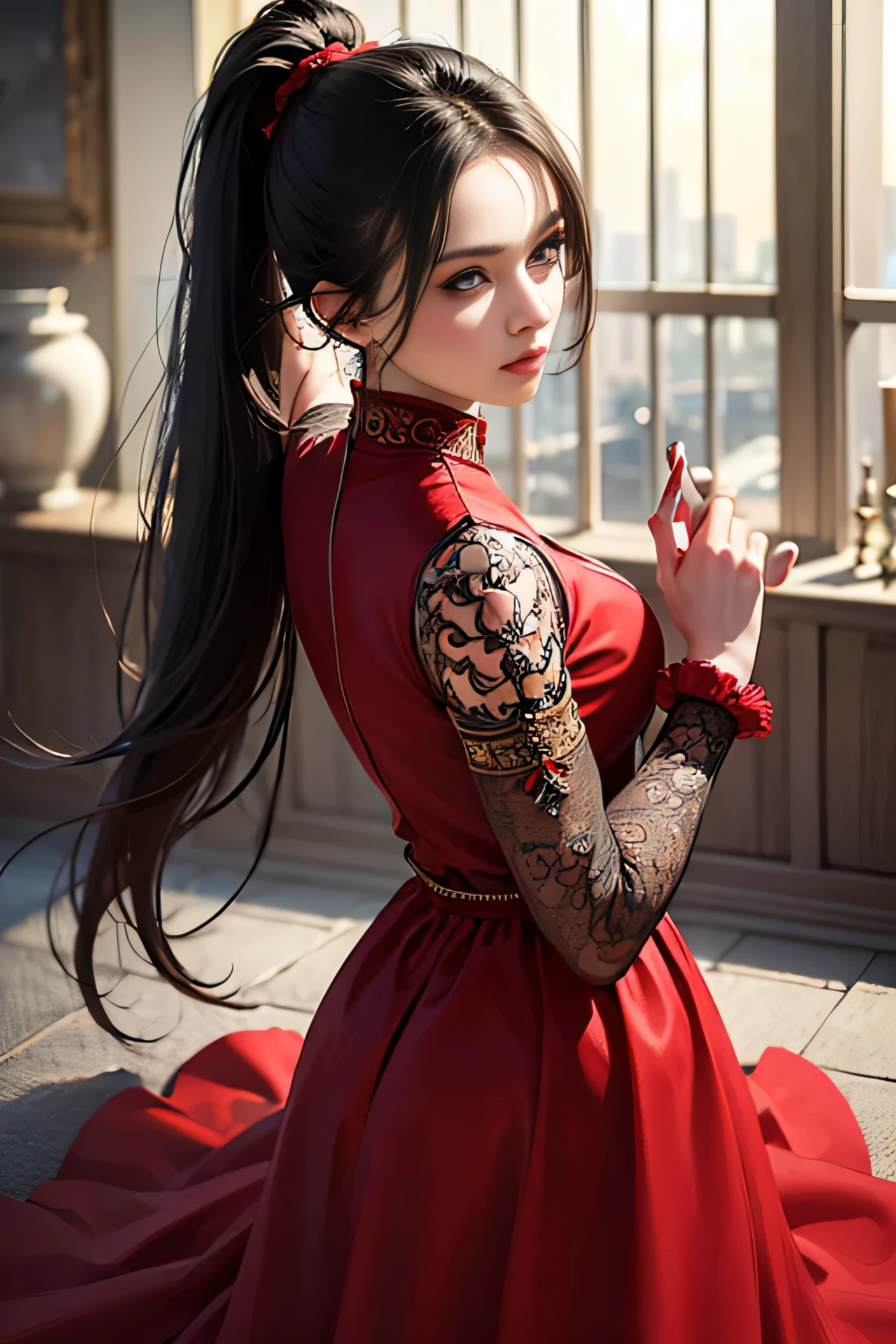 (skindentation:1.5), Realistic, Photorealistic, (masterpiece:1.5), concept art, intricate details, highly detailed, photorealistic, octane render, 8k, unreal engine, dynamic pose, best quality, highres, (realistic face:1.1), (hyperrealistic:1.1), (((full_body))), perfect eyes,(shiny skin:1.2), perfect hand, extremely detailed background, ((dynamic background)), ((1girl)), ((wearing red long fluffy dress)), ((detailed eyes, high quality eyes, high quality face)), long black hair, messy ponytail, dramatic, depth of field, bokeh, 4k, ancient city ruin, dancer, (((dancing))), long sleeves, (((red long chiffon dress)))