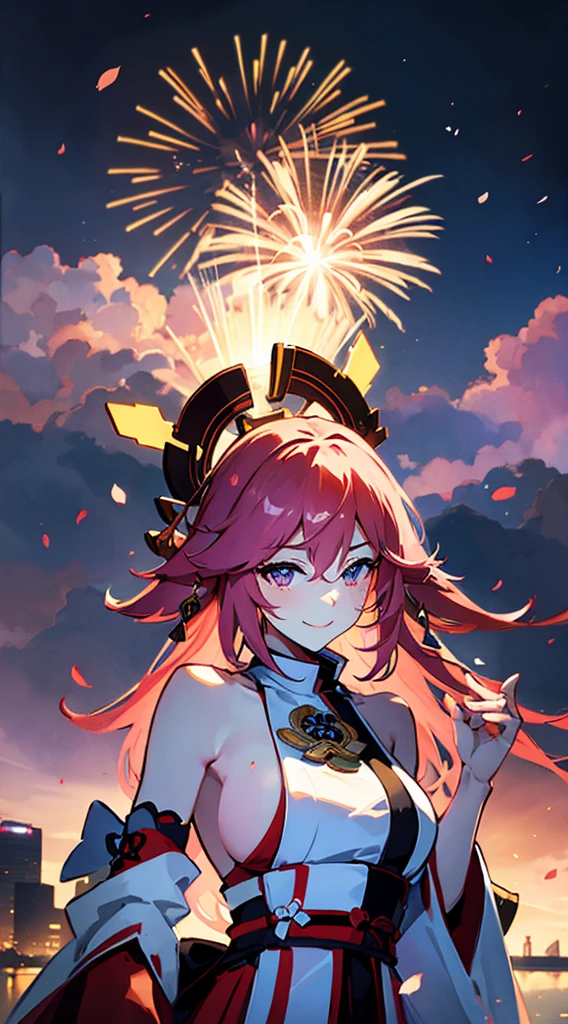 portrait,landscape,painting,illustration,yae miko, sleeves separated, strapless, (sideboob:1.45), pink hair, long hair, Japanese clothing,festive atmosphere,(grand fireworks display in the night sky),sparkling fireworks,mesmerizing colors,romantic ambiance,futuristic skyscrapers,tall buildings,reaching towards the sky,glowing neon lights,amazing architectural design,twinkling stars,celebration of the new year,overwhelming sense of excitement,magical moment,inspiring and artistic composition. best quality,4k,8k,highres,masterpiece:1.2,ultra-detailed,realistic:1.37,