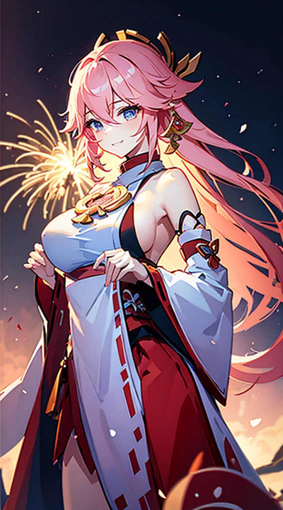 portrait,landscape,painting,illustration,yae miko, sleeves separated, strapless, (sideboob:1.45), pink hair, long hair, Japanese clothing,festive atmosphere,(grand fireworks display in the night sky),sparkling fireworks,mesmerizing colors,romantic ambiance,futuristic skyscrapers,tall buildings,reaching towards the sky,glowing neon lights,amazing architectural design,twinkling stars,celebration of the new year,overwhelming sense of excitement,magical moment,inspiring and artistic composition. best quality,4k,8k,highres,masterpiece:1.2,ultra-detailed,realistic:1.37,