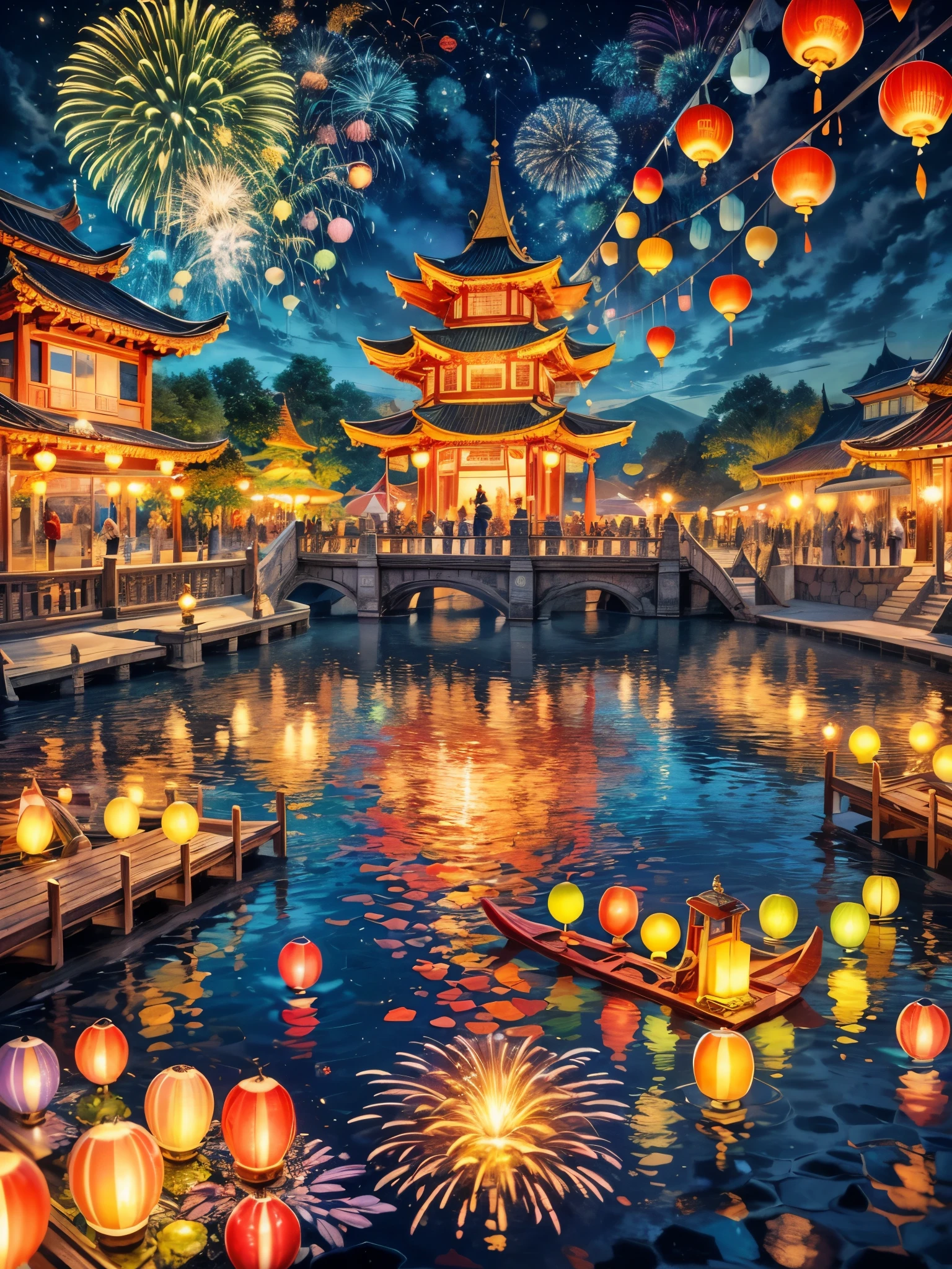 Beautiful town celebrates New Year&#39;s Day New Year&#39;s countdown，new year 2024，Colorful lanterns and decorations，children playing and dancing，Huge countdown clock with gorgeous patternireworks in the night sky，Performer juggling ribbons，Colorful lanterns and decorations，Performer juggling colorful ribbons，Gorgeous temple，Incense，offering offerings，People make wishes and pray，Calm lake lit with candleeautiful reflection of fireworks and lanterns，a joyful atmosphere，（best qualtiy，8k，A high resolution，tmasterpiece，ultra - detailed，UHD，hyperdetailed painting，Sharp focus，physically-based renderingt，extreme detail description，professinal，vivd colour，bokeh）