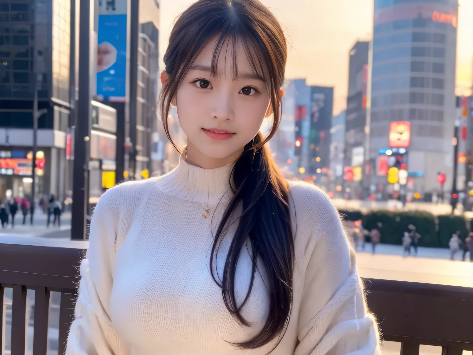 Photorealsitic, 8k full-length portraits, Beautuful Women, A charming expression, poneyTail, sixteen years old, TOKYOcty, Winters, Shibuya in the background