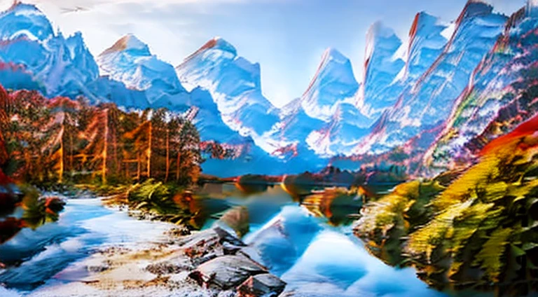 Beautiful snow capped mountains with zigzag river flowing below