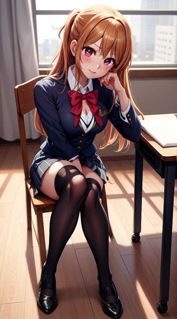 anime, beautiful face, highly detailed face, 2 accurate legs detailed eyes, highly detailed background, perfect lighting, accurate arms, accurate hands, accurate fingers, full body, 1girl, solo, ruby hoshino, oshi no ko, indoors, detailed heels, detailed thighhighs, absurdres, high res, ultrasharp, 8K, masterpiece, looking at viewer, elegant pose, (full body:1.4), in a school, in a classroom, sitting on a chair, schoolgirl uniform, school skirt, cleavage, school tie
