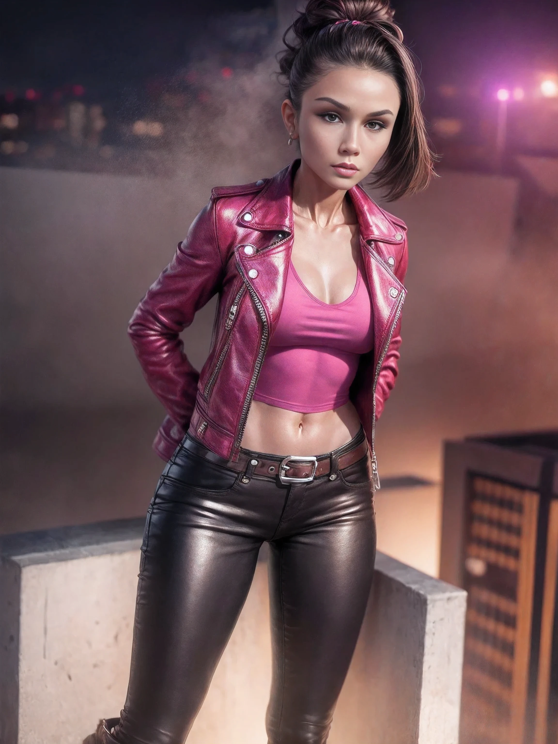 Super realistic, 4k, shoes shot view, a woman Korean face with ponytail style hair and magenta leather jacket, magenta leather pant, brown leather belt, brown leather glove and magenta high leather shoes and standing on top of building in the night with fog and super big green moon lighting and assassin cowboy style look.