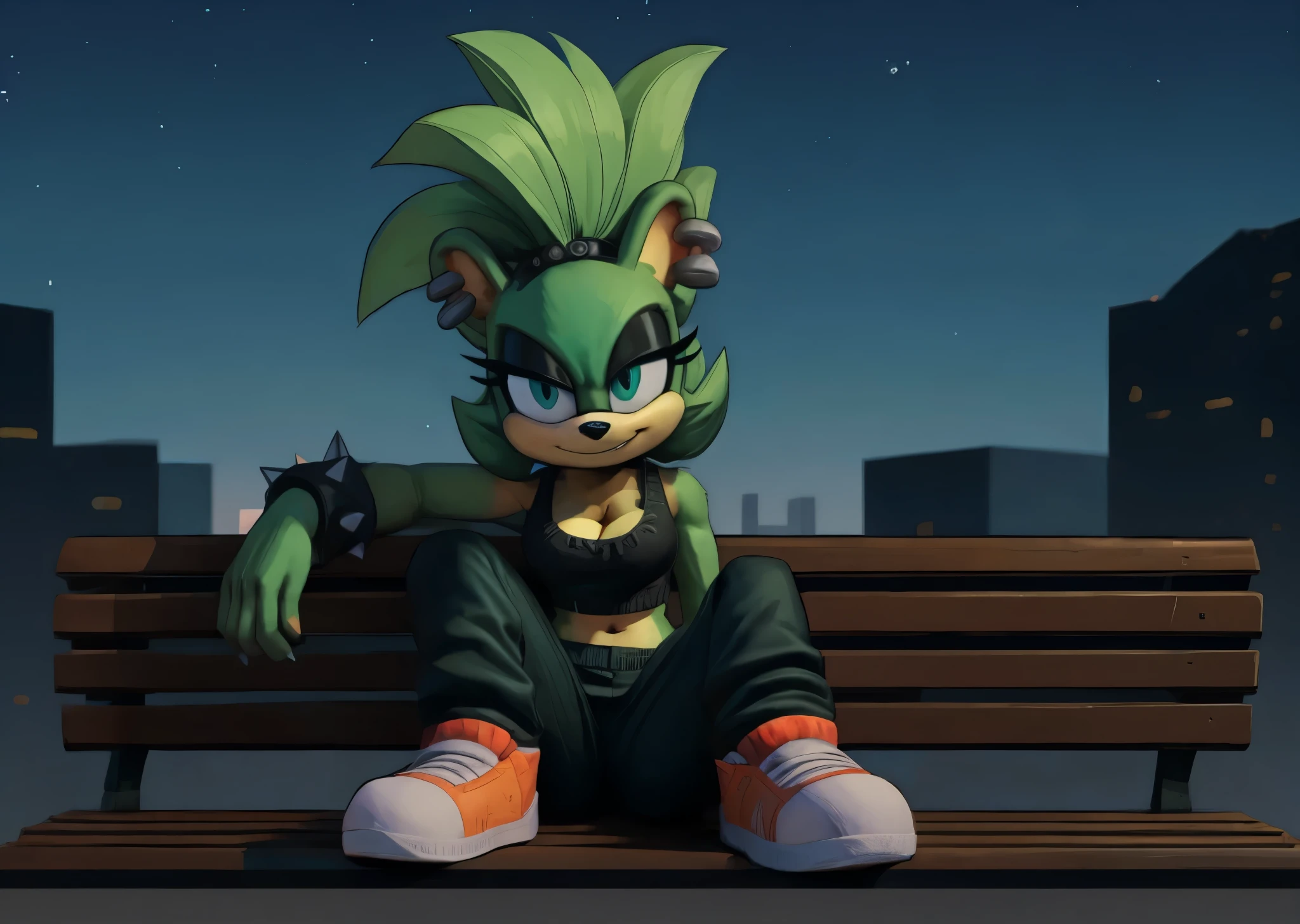 [surge the tenrec], [sonic the hedgehog], [Uploaded to e621.net; (Pixelsketcher), (wamudraws), (napalm_express)], ((masterpiece)), ((HD)), ((solo portrait)), ((front view)), ((full body)), ((detailed fur)), ((detailed shading)), ((cel shading)), ((beautiful render art)), ((intricate details)), {anthro, (slim figure), (black and green fur), (black fur on face), black nose, animal ears, cute teal eyes), (black eyeshadow), spiky hair, ponytail, short tail, (curvy hips), (thick thighs), (smug grin)}, {(black frayed crop top), (cleavage), (navel), (yellow sweatpants), (yellow sneakers), (white gloves), (spike bracers), (earrings)}, {(sitting on bench), (legs spread open), (looking at viewer)}, [background; (city), (park), (nighttime), (starry sky), (ambient lighting)]