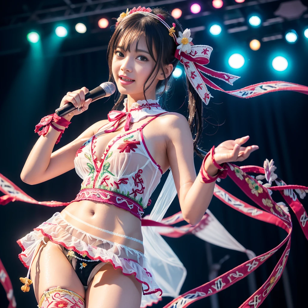 Illustration, cinematic light, high resolution, best quality, ultra detailed, detailed face, (detailed eyes), highest quality, ultra detailed, masterpiece, Nagi Inoue, 1girl, solo, (detailed face), pretty face, best smile, (raise the corners of the mouth), sexy mature woman, sexy idol costume, (See-through, ultra-detailed embroidery and ribbons, idol outfit: 1.5), ruffled miniskirt, choker, NSFW, high heels, brown eyes, neon small shiny hair edges, AI fantasy concert, glowing lighting with neon details, idol, (live stage: 1.15), (holding the microphone with left hand singing: 1.5), singing with butt sticking out: 1.5, (to a packed audience in the background), light reflection, heart-shaped iris, playful eyes, open shoulders, (wet body), small shining butterfly, hair jewelry, panties, (string panties:1.5), Nogizaka, Japanese idol, Gravure Idol, Look this way,