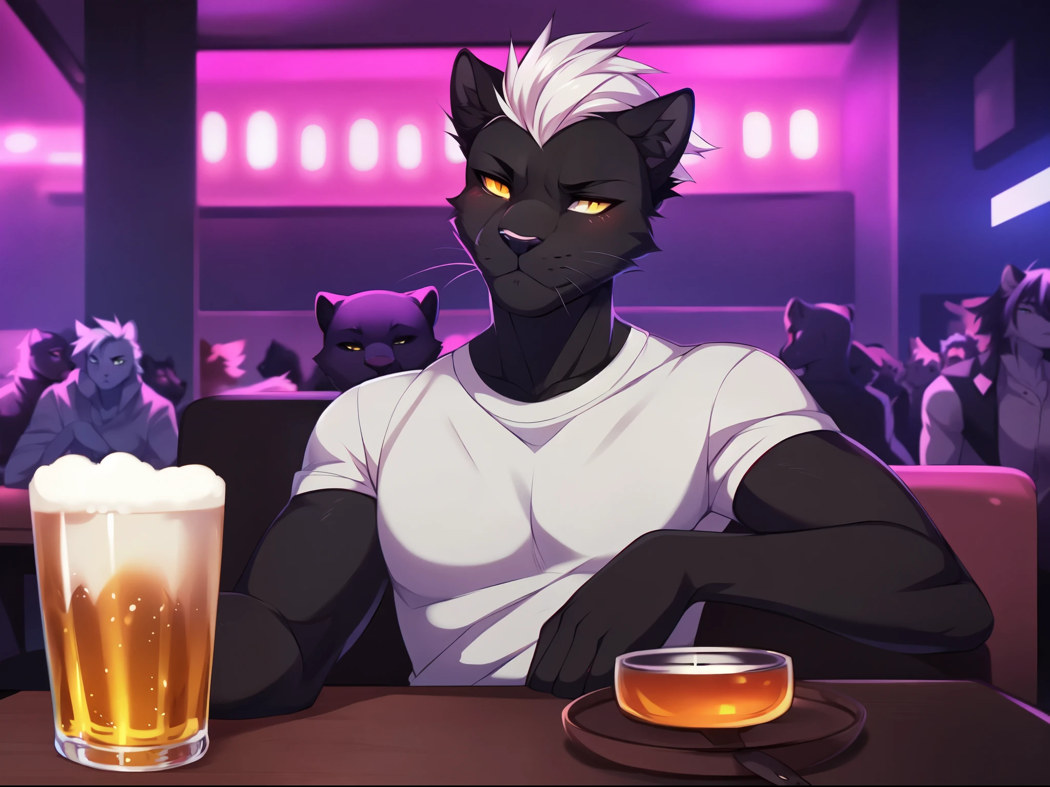 Male, solo, a furry anthro black panther male, muscular, buff, yellow eyes, panther ears, white whiskers, wearing white shirt, arms crossed, serious face, looking annoyed, looking away, white hair, faux hawk hair, cell shading, in a club, busy club, detailed background, by fumiko, by hyattlen, by hioshiru, far away shot, sitting behind a table, long shot, facing viewer, a glass of beer in front of him, blushing, front view