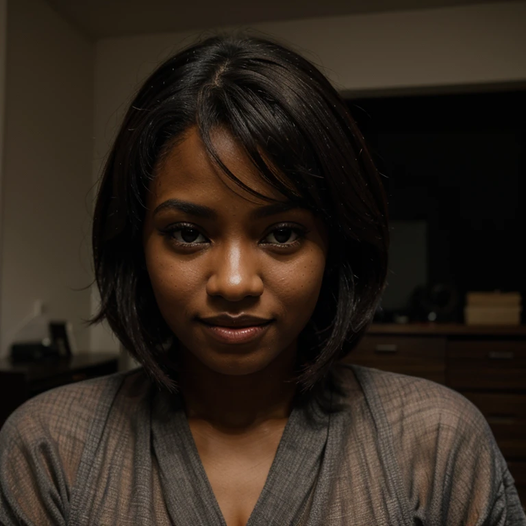 (8k, Photo brute, Highest quality), Beautiful Ebony Girl, Poils sarcelle, yeux sarcelle, triste, gros plan, robe, (detailled eyes:0.8), (looking at the camera:1.4), (Highest quality), (meilleure ombre), Intricate details, interior, Studio sombre, muted colors, (Contraste To8Style), avec un sourire