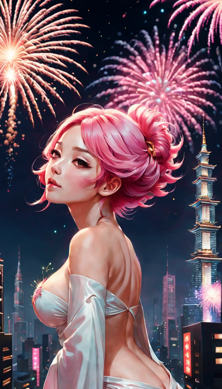 portrait,landscape,painting,illustration,yae miko, sleeves separated, strapless, (sideboob:1.45), pink hair, long hair, Japanese clothing,festive atmosphere,(grand fireworks display in the night sky),sparkling fireworks,mesmerizing colors,romantic ambiance,futuristic skyscrapers,tall buildings,reaching towards the sky,glowing neon lights,amazing architectural design,twinkling stars,celebration of the new year,overwhelming sense of excitement,magical moment,inspiring and artistic composition. best quality,4k,8k,highres,masterpiece:1.2,ultra-detailed,realistic:1.37,