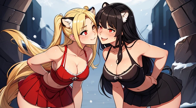 White girl , fit, blond long thick wild hair , smiling , blushing , small snow leopard ears , red eyes , suductive smile , freckles,  sexy pose , wearing a short skirt pussy out  , passionately kissing her sister who has snow leopard ears and black hair