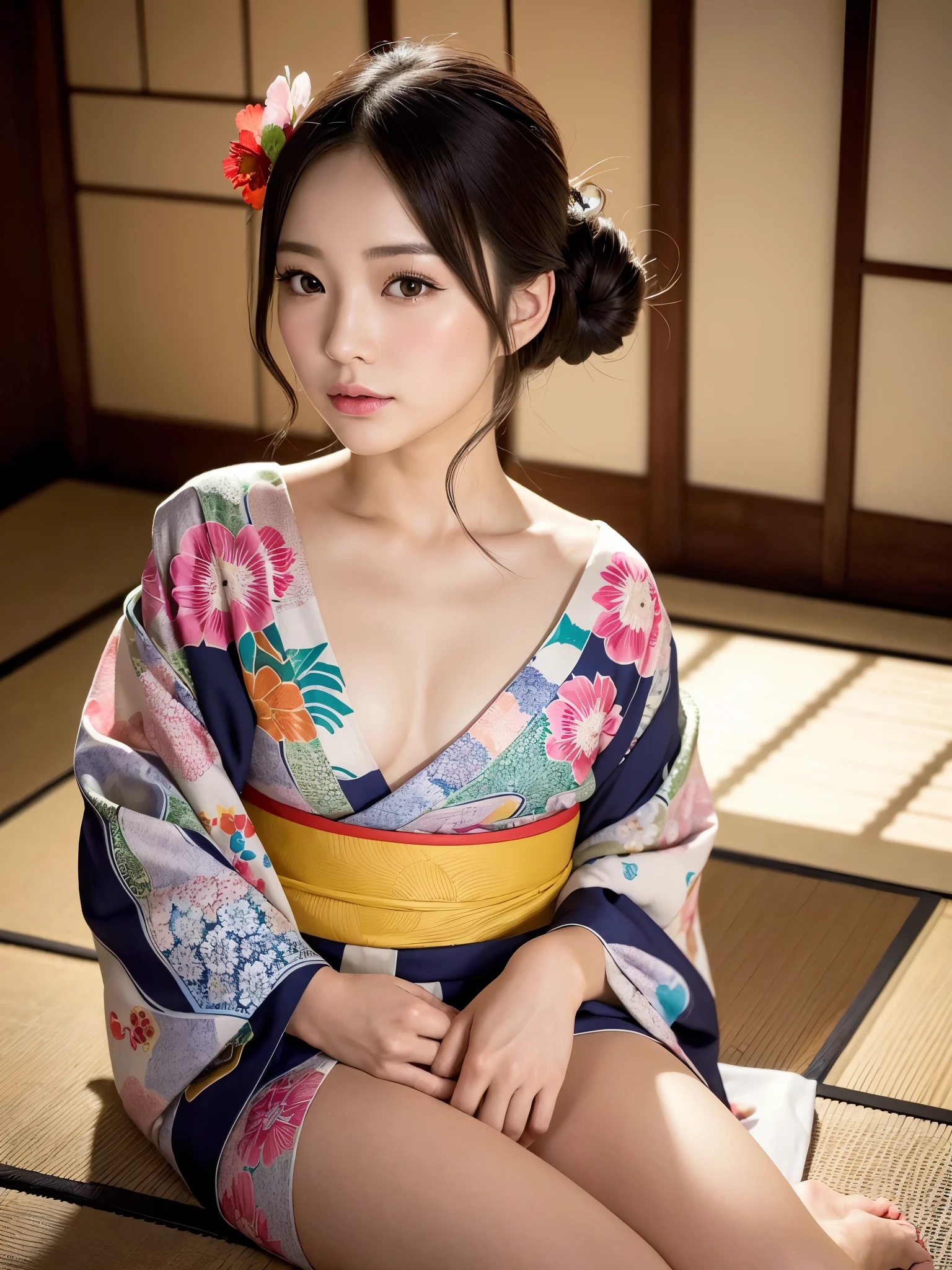 (colorful printed japanese Kimono: 1.2), oiran, high-ranking courtesan, ((of the highest quality, 8K, masterpiece: 1.3, Raw photo)), Sharp Focus: 1.2, (1 AESPA Girl :1.1), SOLO, (Realistic, Photorealistic: 1.37), (Face Focus: 1.1), Cute face, hyperdetailed face, (updo: 1.2), Japanese theme, Washi background, Filming in the Japanese house, Beautiful Japanese makeup, A beautiful woman that symbolizes Japan culture, (small breasts, flat chest, thigh: 1.1), sitting, spread legs, nude, night lighting,