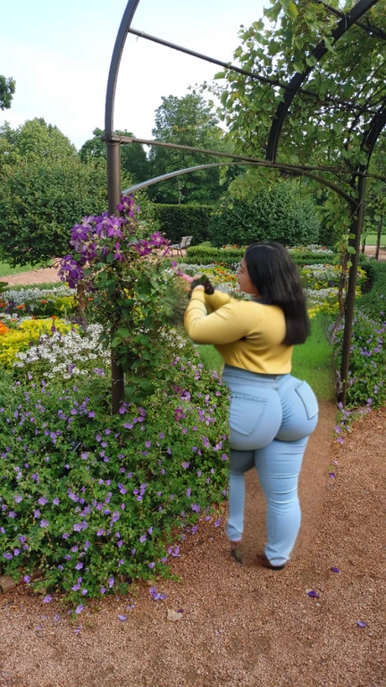 there is a woman standing in a garden with flowers and a bird, standing in a botanical garden, standing in flower field, picking flowers, picking up a flower, standing in a flower field, girl standing in a flower field, walking at the garden, girl in flowers, parks and gardens, flower garden, girl standing in flower field, not blurry, beautiful girl, big ass, huge ass, bbw, from behind, thick, thick thighs, wide hips, bbw, big tits, sideboob, giant ass, back view, big butt, round butt, tight underwear, underwear halfway off, underwear taking off, grabbing ass, ass spilling over underwear, too thick for clothes, side view, yellow top, black bottoms, short girl, filipina, looking to left