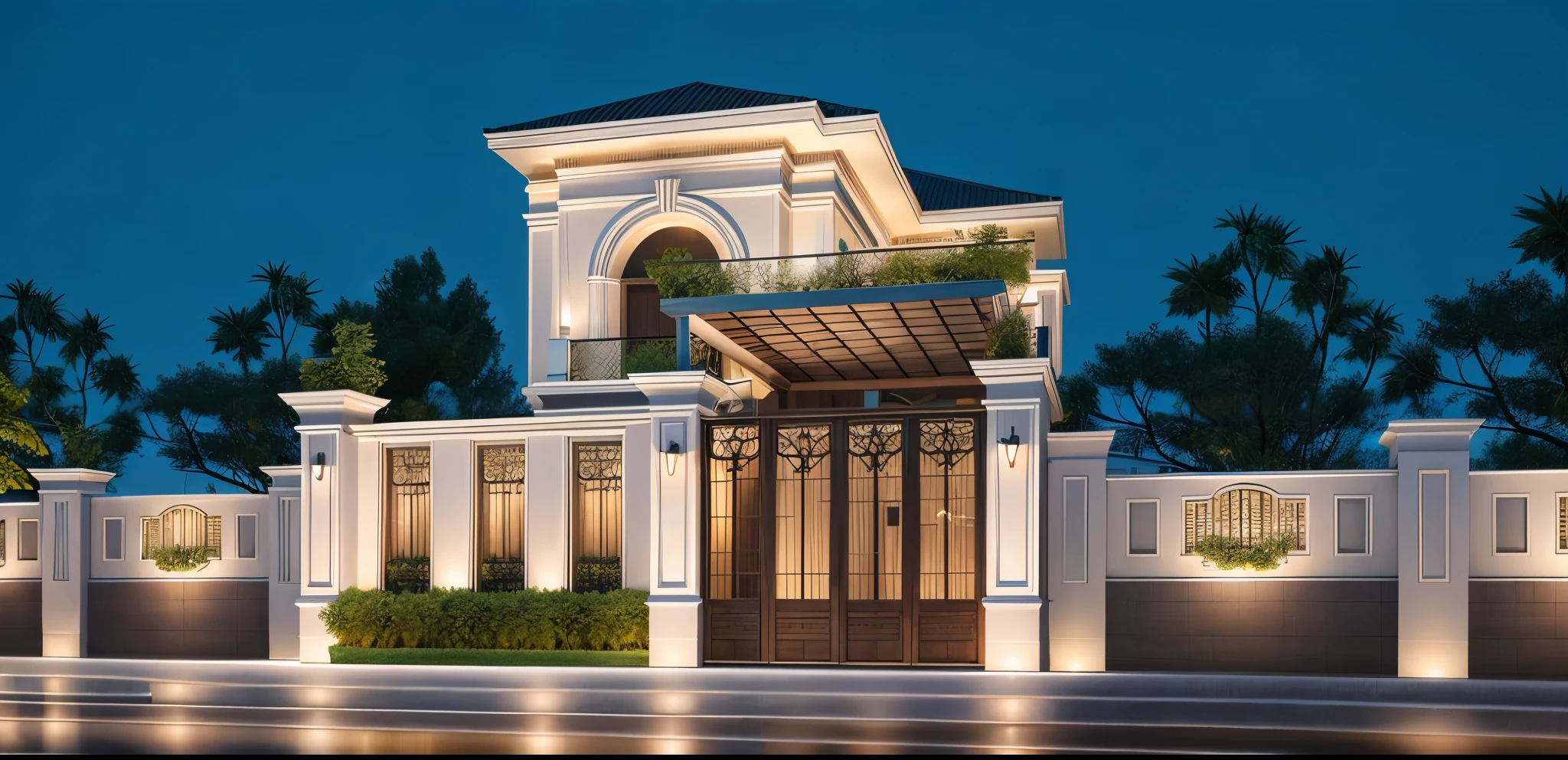 A neoclassic house with an exterior design featuring a hip and valley roof, xingfa black windows, (|warm light| |inside interior house|),(horizontal |white frame panels| covering the balcony), (white column:1.2), (night light:1.3), (night view:1.3), 3000k, and white walls. The house is bathed in natural nightlight and has warm LED lighting. The image quality is of the highest standard, with a resolution of 4k or 8k. The details are ultra-detailed and realistic, with a touch of photorealism. The artwork is created using a combination of illustration and oil painting techniques. The scene is set in a garden, with lush greenery and colorful flowers. The garden is meticulously designed, with neatly trimmed hedges, a paved pathway, and a small fountain. The color palette is vibrant and vivid, with a mix of warm and cool tones. The lighting is balanced, with the sunlight casting soft shadows and the warm LED lights creating a cozy atmosphere in the evening. |reverse lights| illuminate the columns around the house, night, 8k uhd, dslr, soft lighting, high quality, film grain, Fujifilm XT3, The ambient lighting highlights the textures and details, creating a stock photo-like atmosphere, (((Best Quality))), ((Masterpiece)), ((best illustration)), ((best shadows)), ((Super Detail)), (Intricate lines), (Photorealism),(hyper detail), ((archdaily)), ((award winning design)), (dynamic light), ((night)), (perfect light), (shimering light), (hidden light), ((photorealistic)), ((FKAA, TXAA, RTX, SSAO)), ((Post Processing)), ((Post-Production)), ((CGI, VFX, SFX)), ((Full color)) ,((Unreal Engine 5)), ((intricate detail)), ((extreme detail)), ((science)), ((hyper-detail)), ((super detail)), ((super realistic)), ((crazy detail)), ((octane render)), ((Cinematic)), ((trending on artstation)), ((High-fidelity)), ((Viwvid)), ((Crisp)), ((Bright)), ((Stunning)), ((Eye-catching)), ((High-quality)),((Sharp))((Bright)), ((Stunning)), Natural, ((Eye-catching)), ((Illuminating))