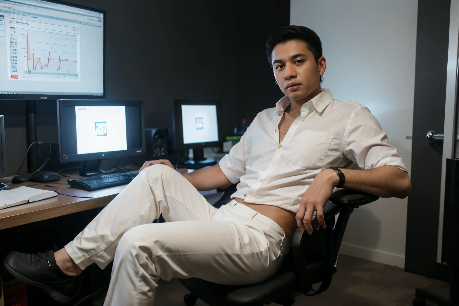 Ultra realistic a malay forex trader man wearing white shirt ,long pants,sitting on a gaming chair.Background is a 6 monitor forex lcd screen dramatic light