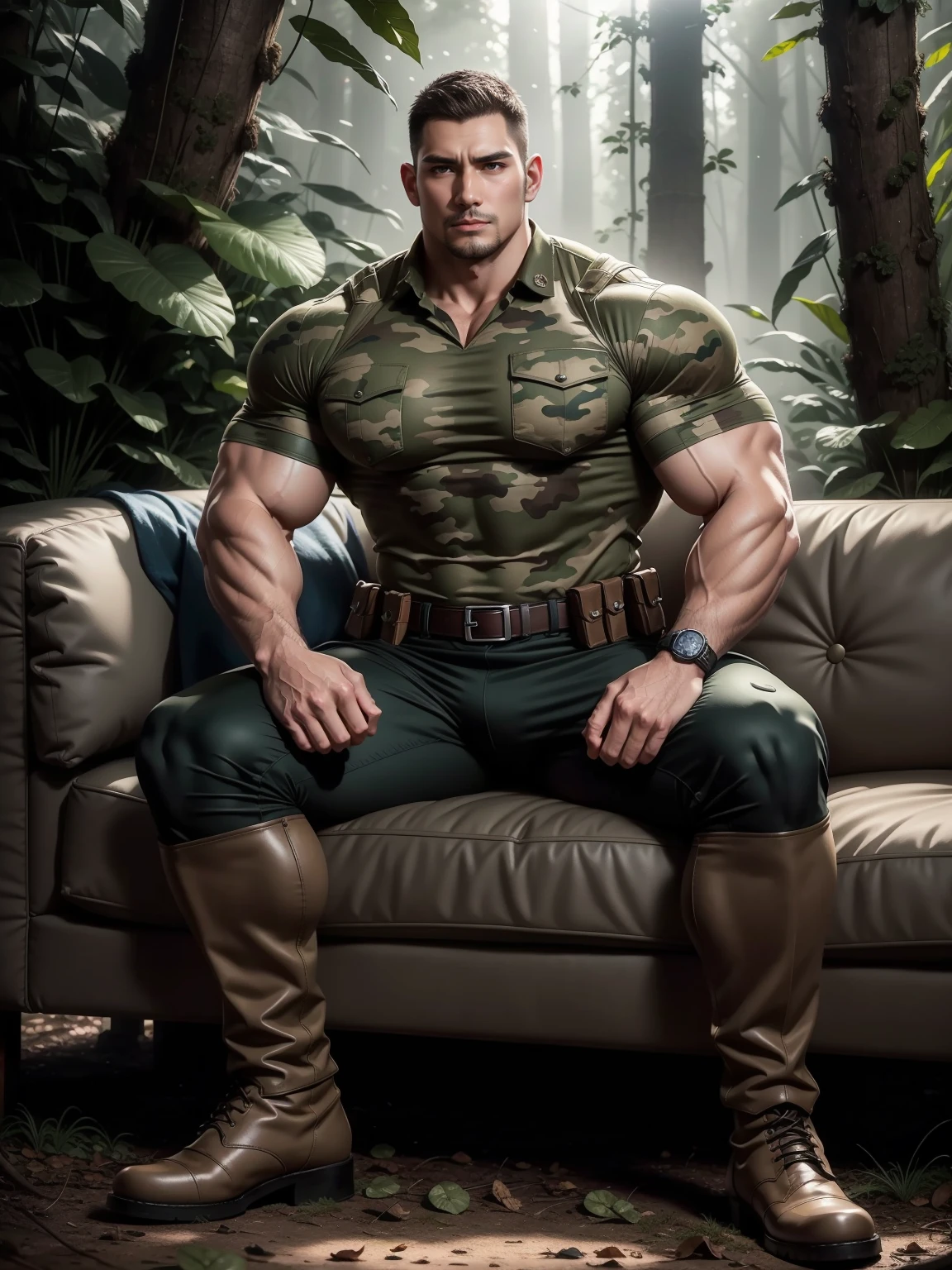 Sad frowning tall giant muscular man sitting in the forest，Dark brown camouflage military uniform，character  design（Resident Evil - Chris Redfield，Chris Redfield）His hairstyle is a crew cut，Wearing dark brown camouflage military uniform，Frosted grain texture，Soft and comfortable sofa，Sitting in the eerie cane jungle, The body is wrapped in thick rattan，expression sad，Deep and charming eyes，The male hero with sapphire eyes，heroic masculine pose，Tall and burly，Muscular！Charming leg muscles，tall, Burly, and strong， Wearing dark brown camouflage military uniform， Super gain and cool， commission for high resolution， Big feet in black boots，Charming strong man，Bright sunlight shines on the body，The texture of frosted particles is shiny