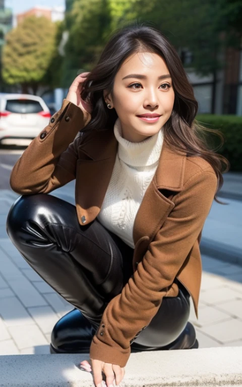 Best Quality, hight resolution, Hires, Skin definition, Detailed skin, Detailed eyes, Detailed face, 4K, 日本人A MILF, ((独奏)), (((50 years old))), (Wrinkles at the corners of the eyes:1.6), (nasolabial folds:1.3), A MILF, glamor, A sexy, Chromo-white skin, ((Wavy Longhair)), Looking at Viewer,(((my skin is old))), ((muscles are old)), (((A slender))), ((Saggy udder)), (Saggy buttocks), ((Japanese Models)), 4K, (photoRealistic:1.5), Realistic, nffsw, Beautiful, Bimbo, Perfect makeup, small diamond necklace, piercings, ((Brown coat, White turtleneck sweater, sleeveless, Argyle pattern pleated skirt, Black long boots )), ssmile, Public places,Full body photo,
