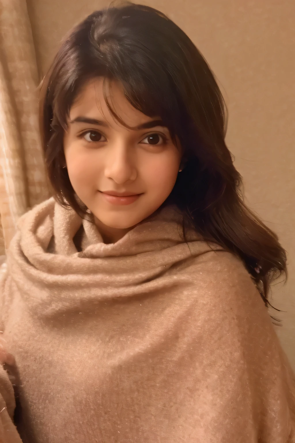 Create a cute girl named "Simi Khanna" age 19 wearing in her room in blanket,Not NSFW image