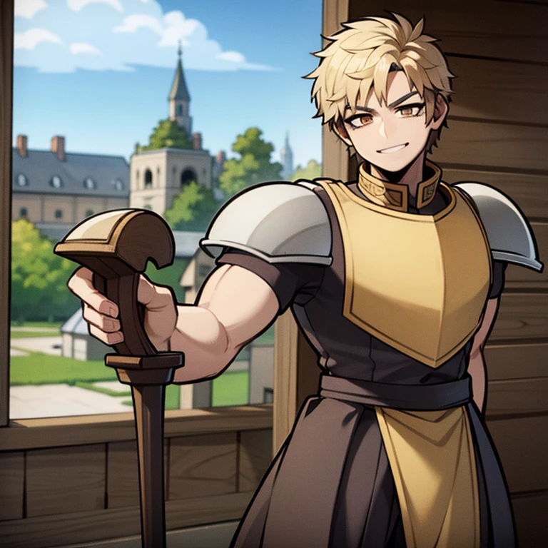 Anime image of a muscular boy wearing medieval knight armor, standing in a medieval village and smiling.