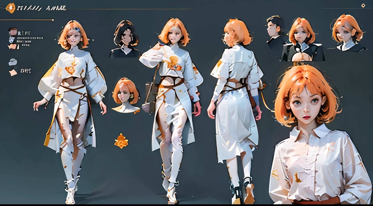 A girl Full body, perfect face, big green eyes , fight pose, front, side, back, small ass, Dinamic pose, (Character sheet), pale skin, full nude anatomy, small breast, curly hair, very short hair, facial expresions, orange hair, ponytailhair, multiple angles, multiples images.