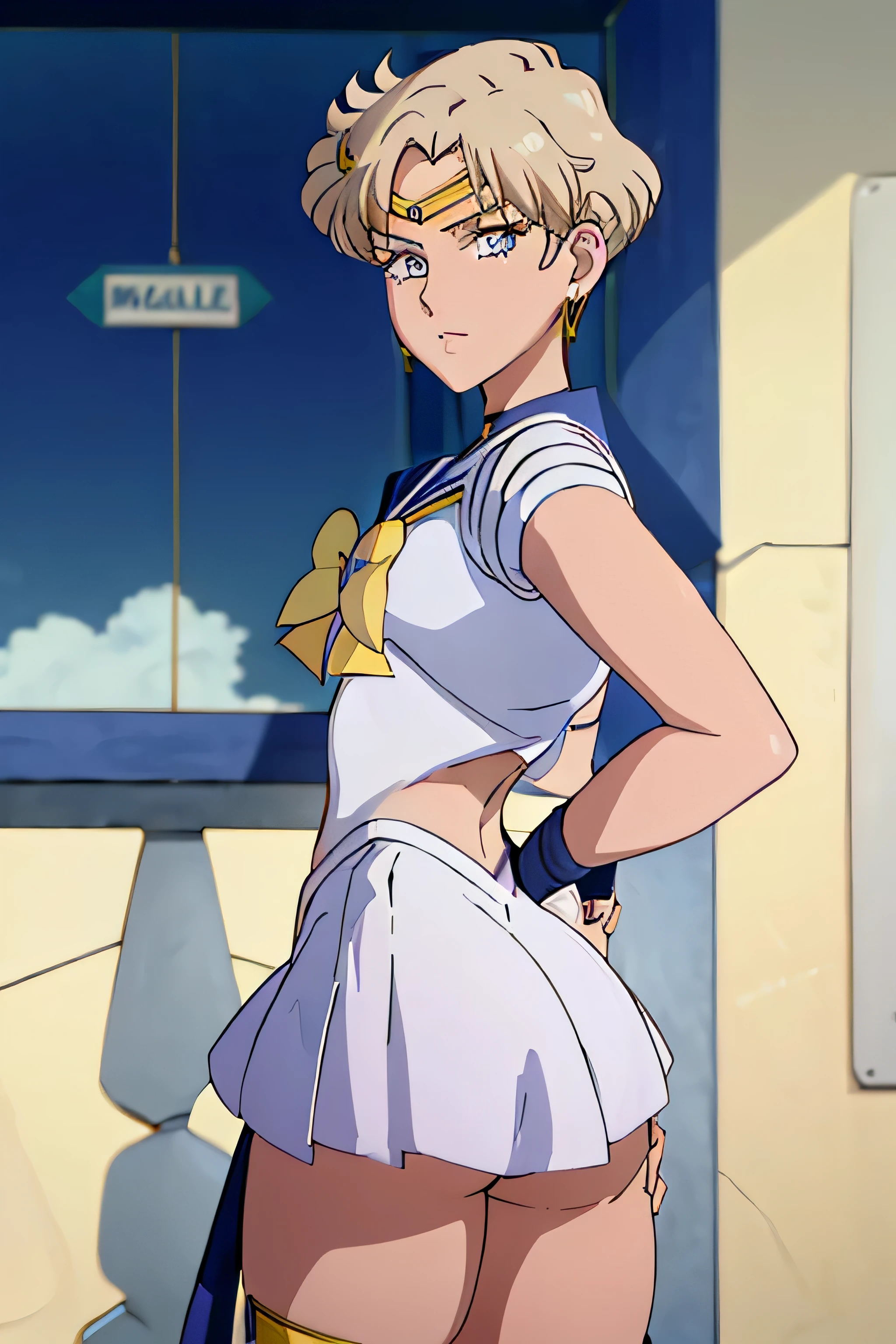 (La mejor calidad:1.1), (Obra maestra:1.4), (absurdos:1.0), retrato, primer plano,1girl, Marinero Urano, KizukiAi, Mujer madura, small breasts, aqua eyes, cabello rubio, Uniforme Sailor Senshi, Collar de marinero, arco de pecho, Arco trasero, Falda suplicante, Guantes blancos de codo, big booty, Ultra minifalda , jewely, Pendientes,, en postura de espalda, Show off your loot, Backwards, no thong big booty, Ultra minifalda ( Postura de la espalda, Backwards, Show off your loot) (Postura de la espalda)