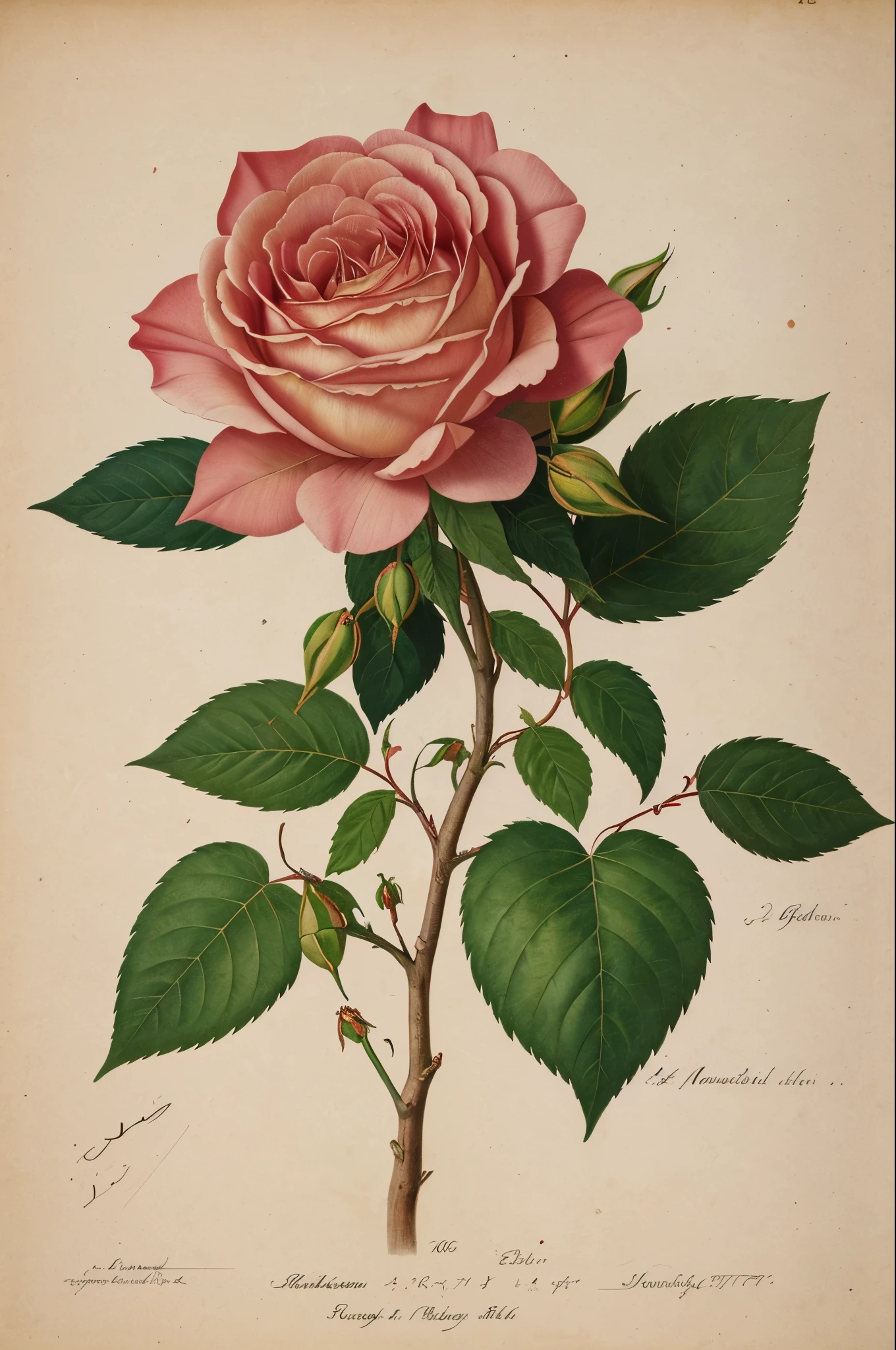 (best quality:1.2), (detailed:1.2), (masterpiece:1.2), vintage botanical illustrations of Larger Provence Rose (1770 1775) in high resolution by John Edwards