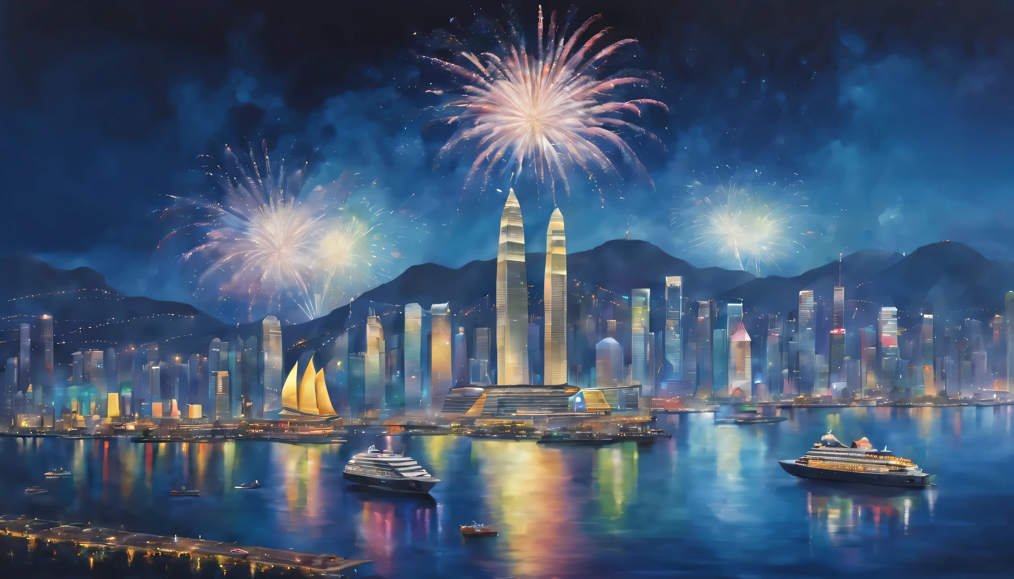 (Best quality at best,4K,8K,A high resolution,tmasterpiece:1.2),ultra - detailed,(actual,photoactual,photo-actual:1.37),oil painted,vivd colour,long term exposure,flashing lights,Victoria Harbour,nighttime scene,Spectacular fireworks display.