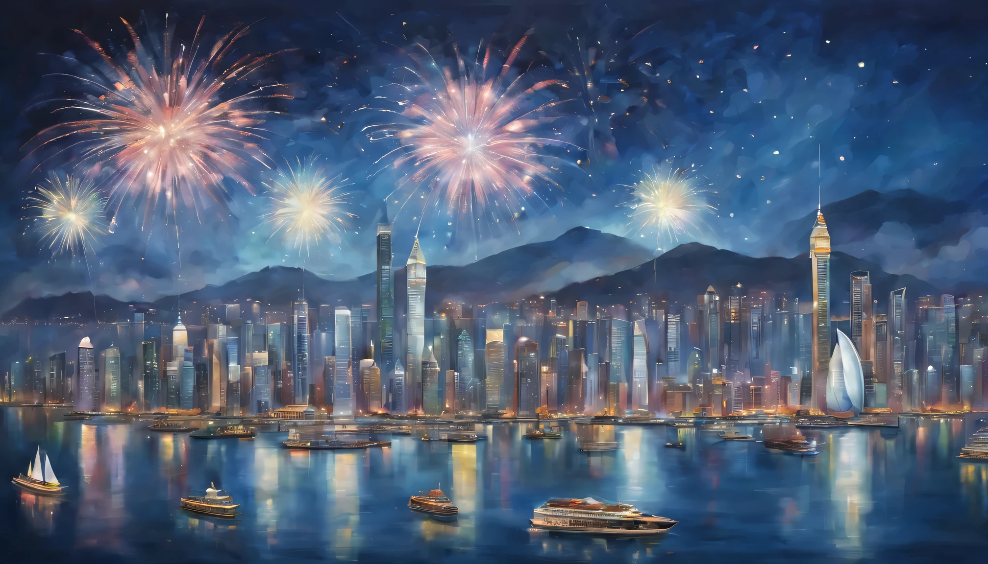 wide wide shot,Expansive night sky,new year,(oil painted): Victoria Harbour at night,Sparkling reflections dance on the water,Gleaming skyscrapers lining the harbor,Spectacular fireworks display,Cruise ships,Soft shadows and highlights,