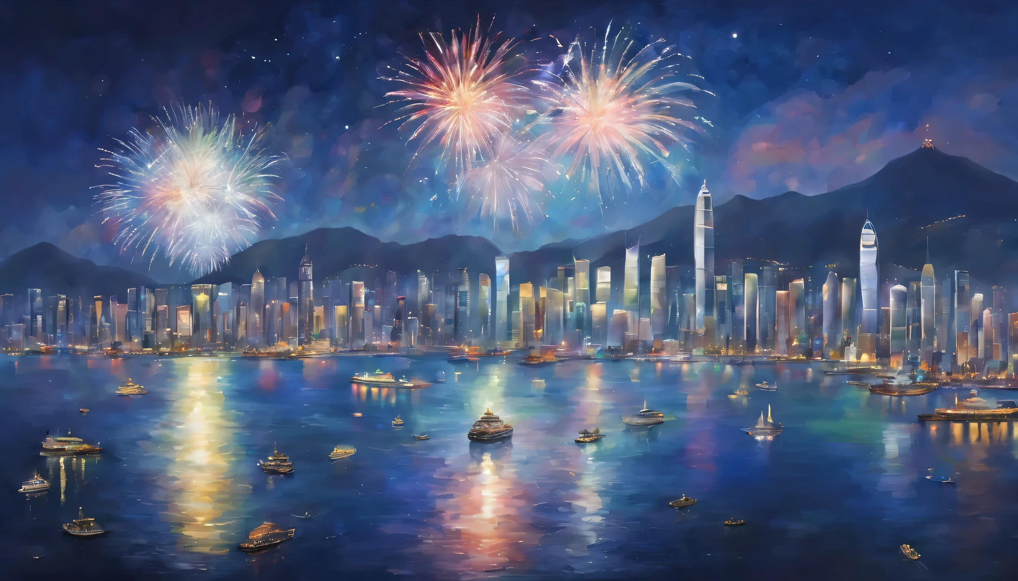 wide wide shot,Expansive night sky,new year,(oil painted): Victoria Harbour at night,Sparkling reflections dance on the water,Gleaming skyscrapers lining the harbor,Spectacular fireworks display,Cruise ships,Soft shadows and highlights,