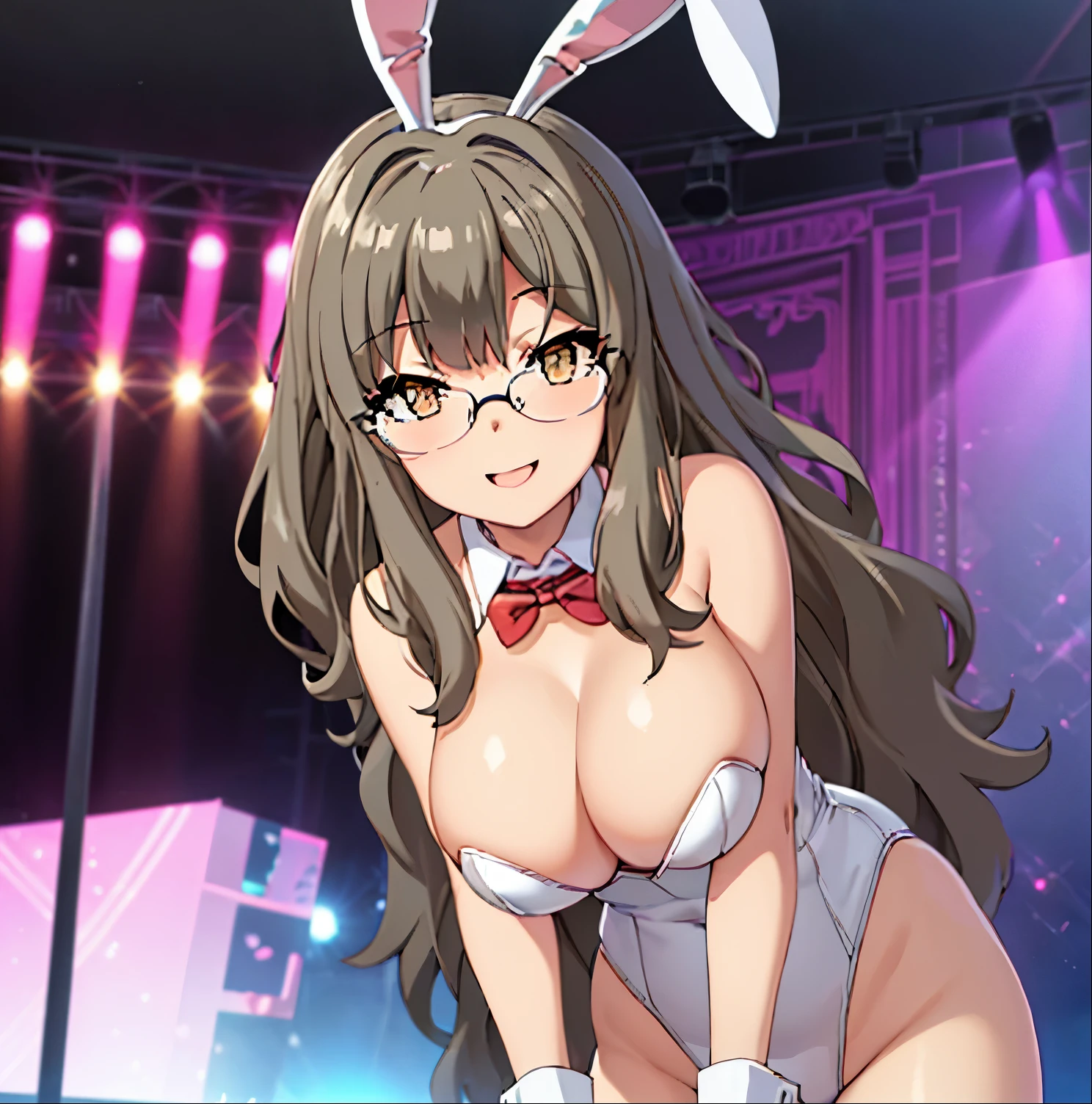 riofutaba, highres, highest quallity, illustration, ultra detailed, (detailed face), (detailed eyes), soft lighting, best quality, hyper detailed, masterpiece, 1girl, alone, outfit3, ashe brown hair, long hair, brown eyes, glasses, leotard, playboy bunny, bow tie, rabbit ears, pantyhose, wrist cuffs, luminous eyes, large breasts, (colorful), upper body, looking at viewer, singing, smile, indoors, on stage, performance, stage lights, spotlight, holding microphone, leaning forward, good hands, good anatomy