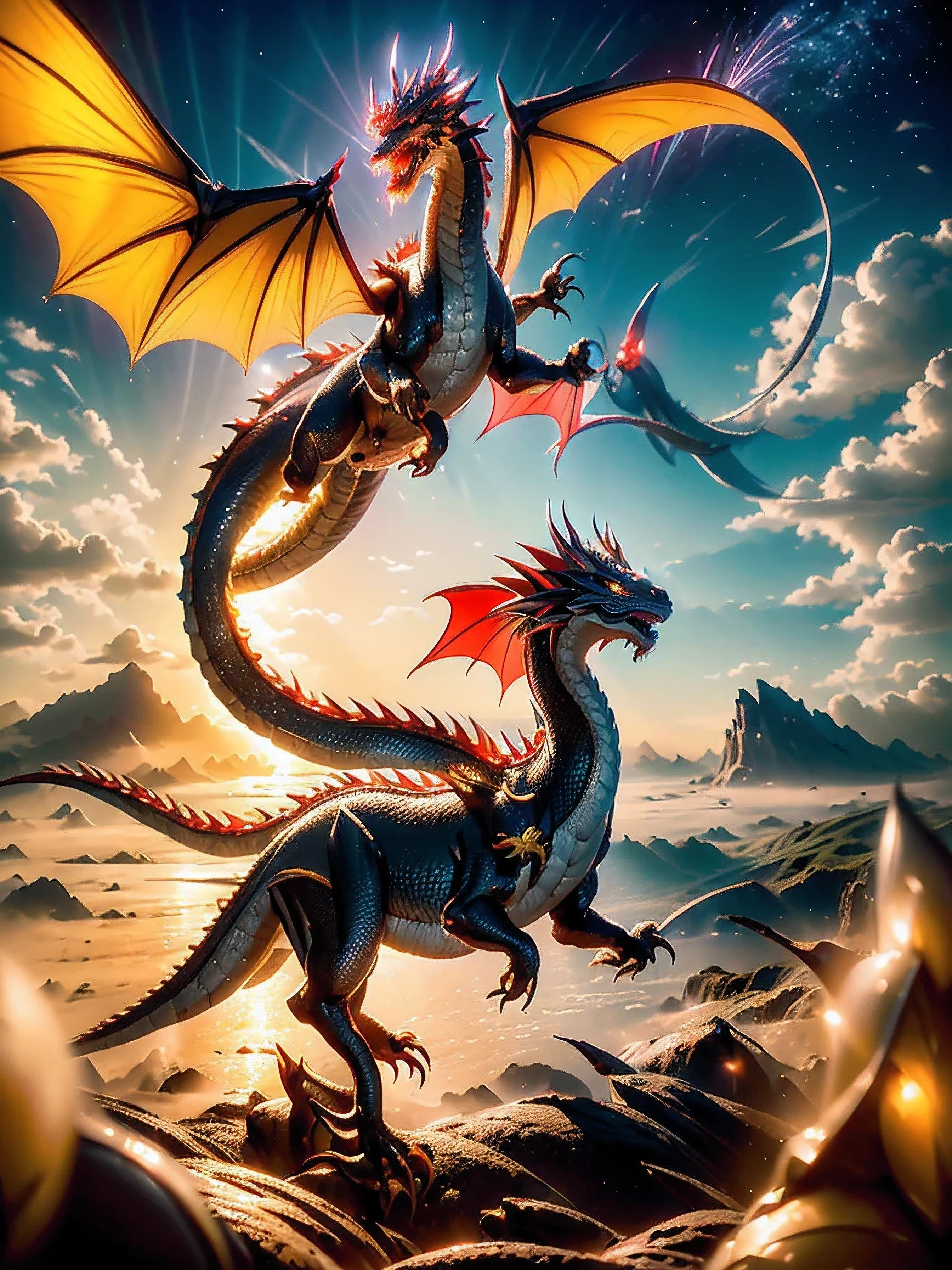 Illustration celebrating the beginning of 2024, dragon year, convey the desired message, strength, And wisdom. A majestic and auspicious dragon is depicted.。, symbolizes power and good fortune for the year. I drew a dragon in a dynamic and graceful pose., soar in the clouds, embodying the spirit of progress and aspiration. Elements representing prosperity are placed around the dragon., wholesome, And happy, Blooming flowers and the morning sun, etc.. The overall atmosphere of the illustration is、It&#39;s like optimism and celebration.。, Capturing the essence of a new year full of possibilities and blessings.