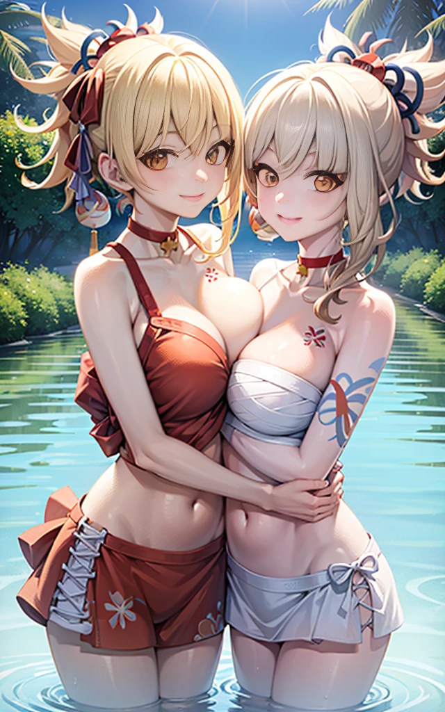 2 girls smiling in water in bathtub,No teeth exposed. Female twins, vibrant with colors,natural lightting, Best quality at best, Chest to chest, Wrap your arms around each other's waist, sunny masterpiece, Navel Exposed, face flushed, Cuddle together , big breast navel revealing swimsuit full breast