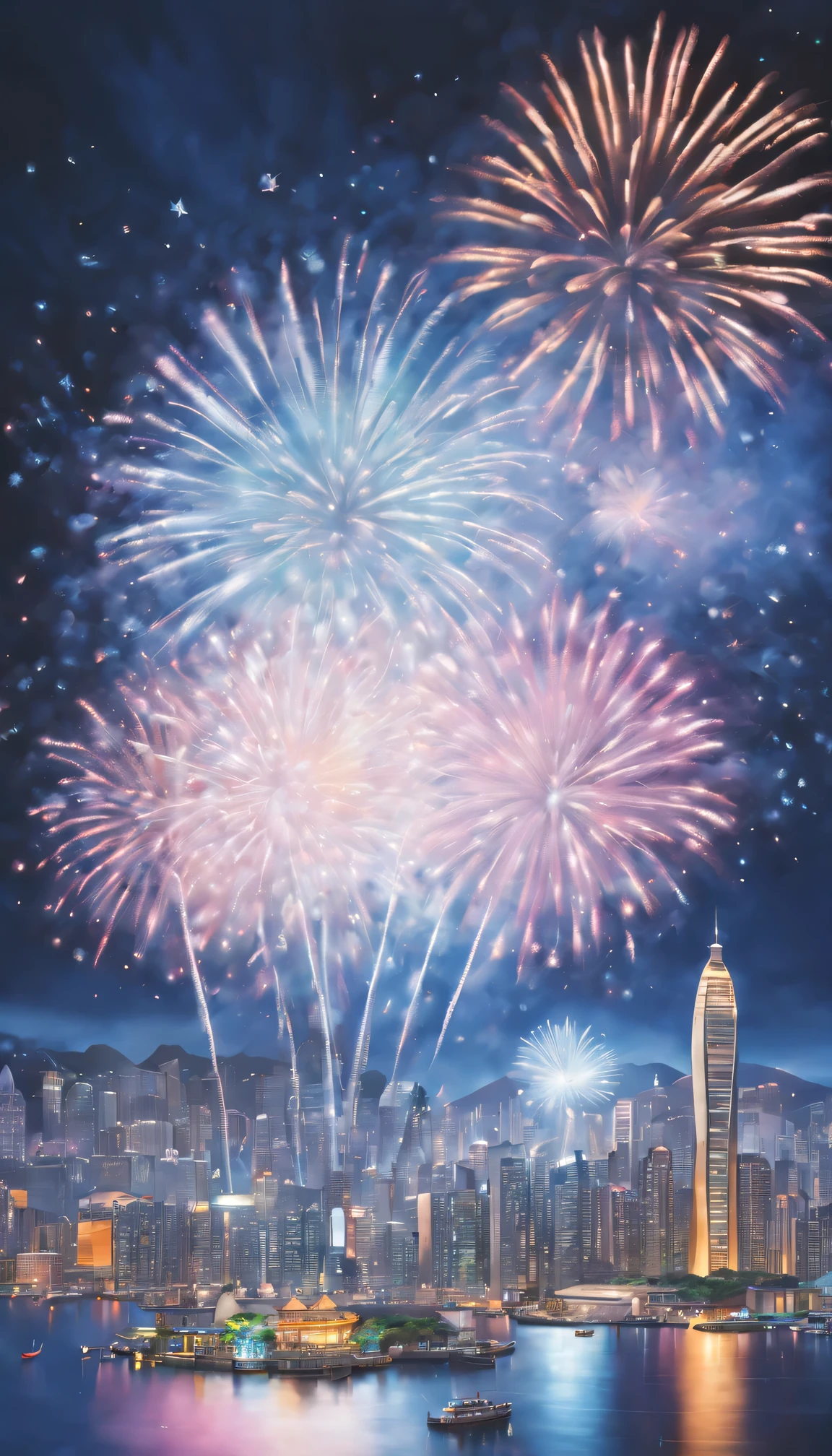 (Best quality at best,4K,8K,A high resolution,tmasterpiece:1.2),ultra - detailed,(actual,photoactual,photo-actual:1.37),oil painted,vivd colour,long term exposure,flashing lights,Victoria Harbour,nighttime scene,Spectacular fireworks display.