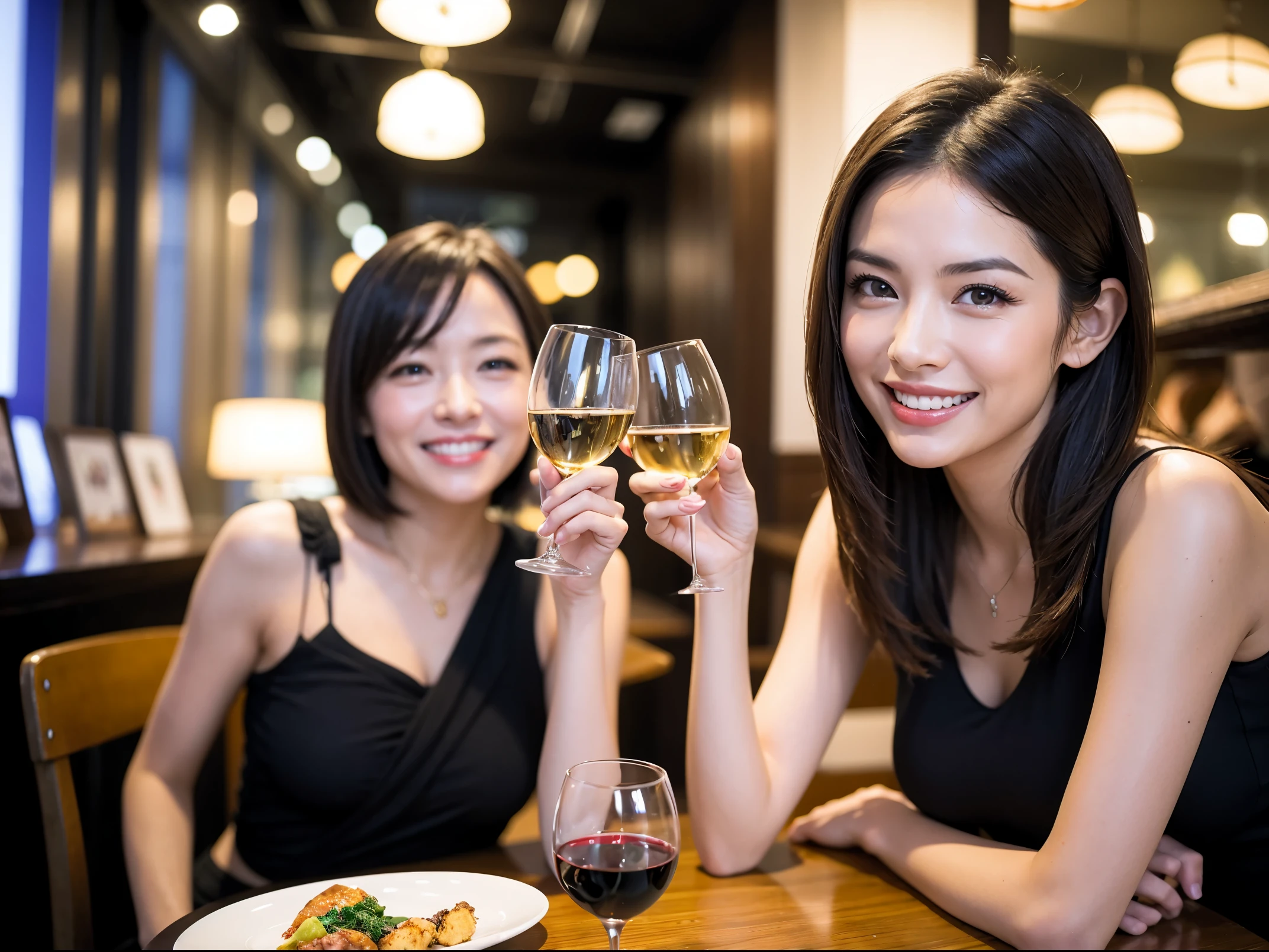 (64k uhd, nffsw, of the highest quality, masutepiece: 1.2), (Realistic, Photorealistic: 1.37), Pretty Woman 1, (Slim Face), (slimボティ), (Brown hair), (short-cut), Dutchman、Americana、Frenchman、cheeks blush a little, (40 years old), 38 years, Solo, A beautiful and detailed night view spreads out outside the window........., restaurant, wine glassesに座って, At night, In a prominent place (from waist up) NovaFrogStyle, actress, Model, waist-up, white wine, slim, wine glasses, Super clean night view, 真ん中に置かれたwine glasses, Happy smile, (Smile: 1.15), Beautiful fine eyes, Upper body, Bust Japan Up, Night, Short, Short, actress, Model, waist-up, white wine, slim, wine glasses, Super clean night view, 真ん中に置かれたwine glasses, Happy smile,