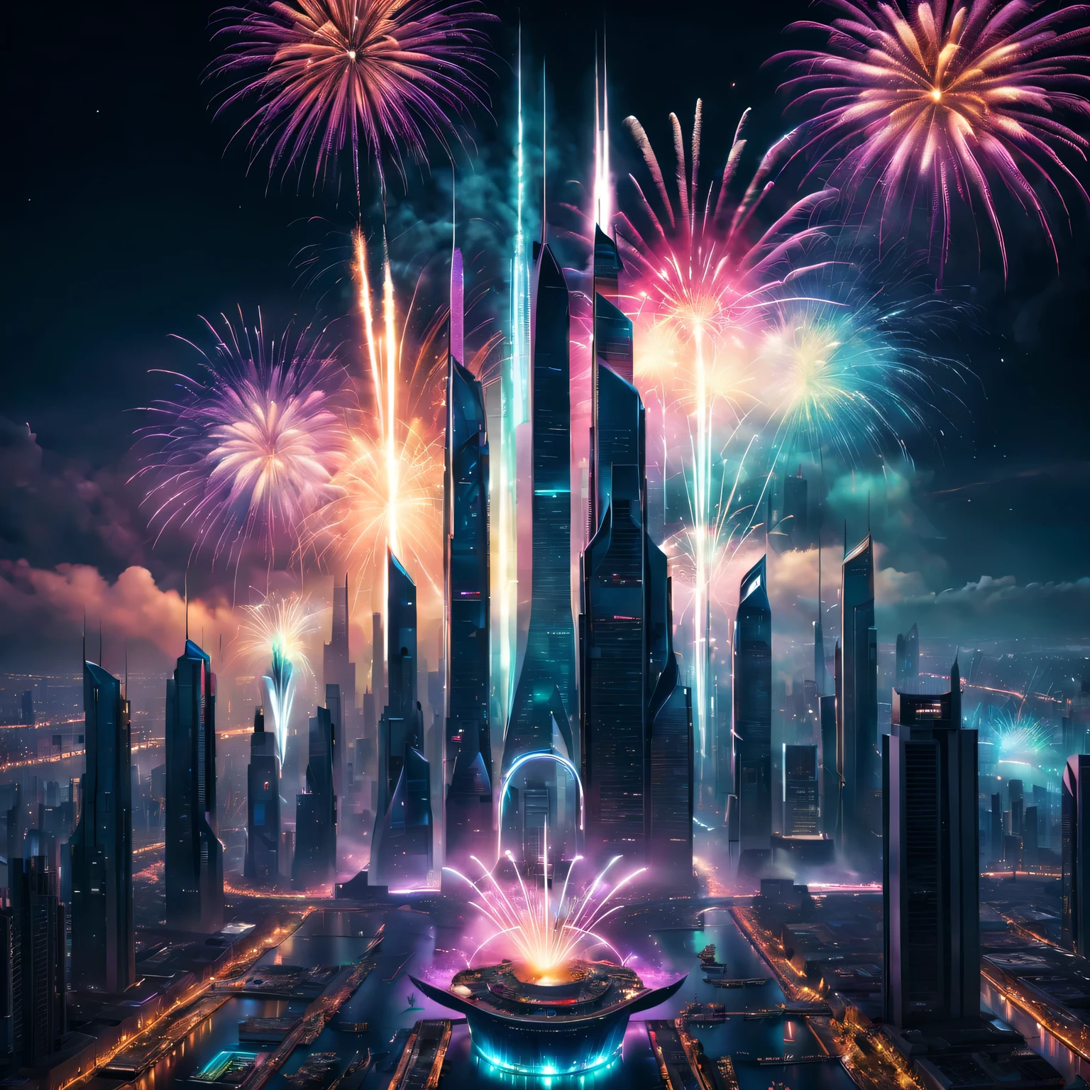 (Best quality at best,4K,8K,A high resolution,tmasterpiece:1.2),ultra - detailed,(actual,photoactual,photo-actual:1.37),oil painted,vivd colour,long term exposure,flashing lights,Victoria Harbour,nighttime scene,Spectacular fireworks display.