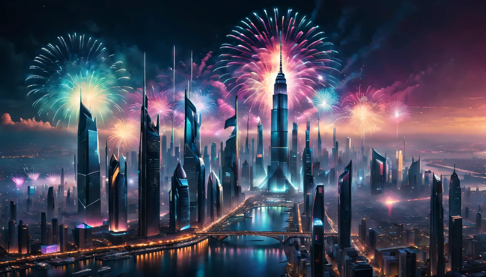 (Best quality at best,4K,8K,A high resolution,tmasterpiece:1.2),ultra - detailed,(actual,photoactual,photo-actual:1.37),A futuristic,cyber punk perssonage,new year celebration,Spectacular fireworks display,glowing city lights,Technological progress,arquitetura impressionante,a vibrant atmosphere,prosperous metropolis,neonlight,Advanced holograms,majestic skyscraper,Colorful explosions,Vibrant burst of light,Fascinating pattern,illuminate the night sky,electric energy,Irridescent color,DazzlingEffects,Thrilling fireworks display,Synchronized music and visuals,The audience stood in awe,Excitement and joy,joy and celebration,High-tech gadgets and equipment,air vehicle,Large crowds,party atmosphere,The future city,积极而a vibrant atmosphere,Sparkling display,Unforgettable experience,Impressive light show,grand spectacle.