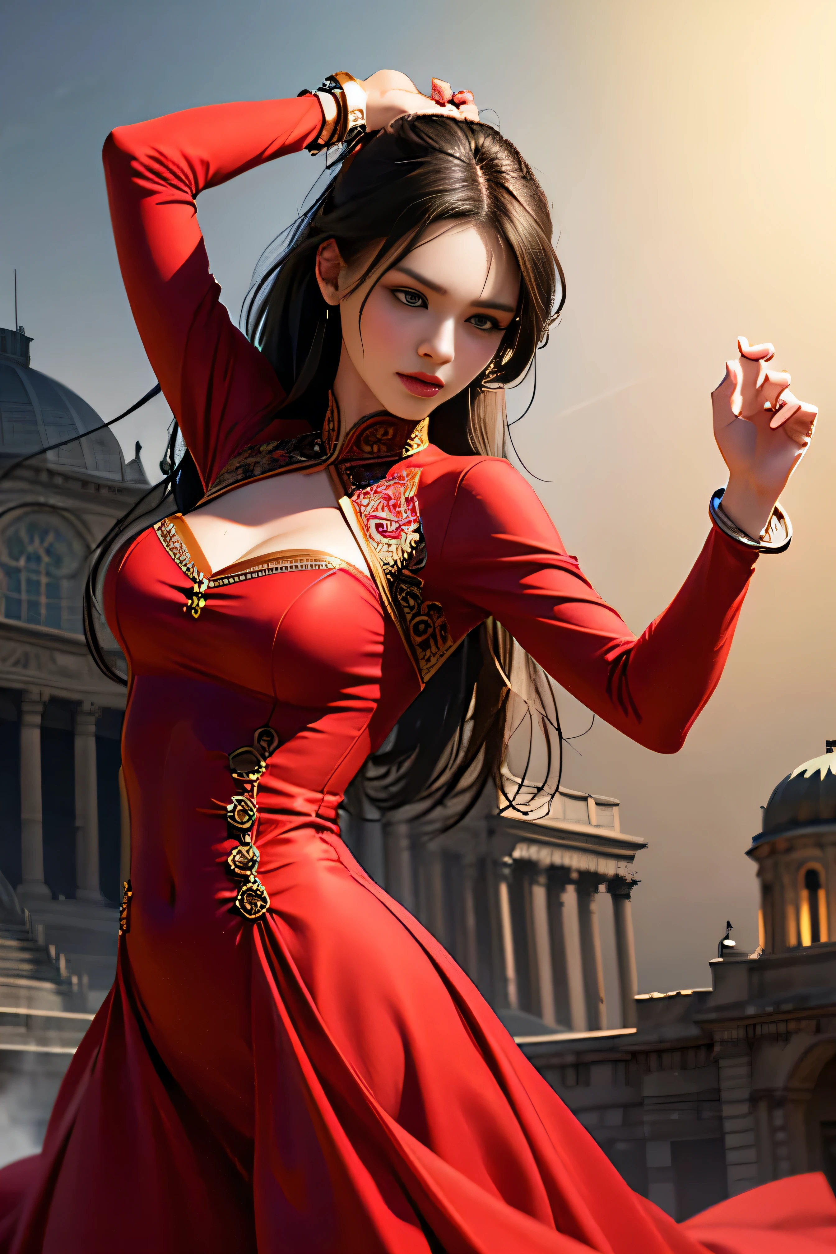 (:1.5), Realistic, Photorealistic, (masterpiece:1.5), concept art, intricate details, highly detailed, photorealistic, octane render, 8k, unreal engine, dynamic pose, best quality, highres, (realistic face:1.1), (hyperrealistic:1.1), (((full_body))), perfect eyes,(shiny skin:1.2), perfect hand, extremely detailed background, ((dynamic background)), ((1girl)), ((wearing red long fluffy dress)), ((detailed eyes, high quality eyes, high quality face)), long black hair, messy ponytail, dramatic, depth of field, bokeh, 4k, ancient city ruin, dancer, (((dancing))), long sleeves, (((red long chiffon dress)))