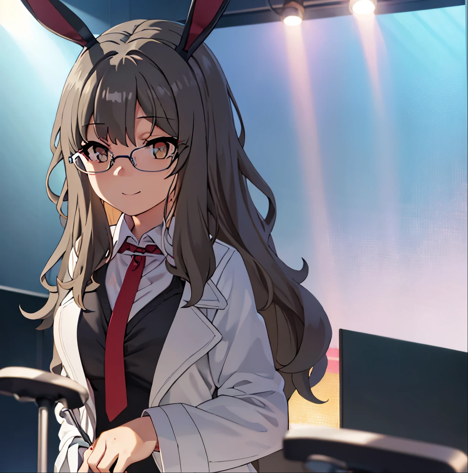 riofutaba, highres, highest quallity, illustration,  ultra detailed, (detailed face), (detailed eyes), soft lighting, best quality, hyper detailed, masterpiece, 1girl, alone, outfit3, ashe brown hair, long hair, brown eyes, glasses, leotard, playboy bunny, bow tie, rabbit ears, pantyhose, wrist cuffs, luminous eyes, large breasts, (colorful), upper body, looking at viewer, singing, smile, indoors, on stage, performance, stage lights, spotlight, holding microphone, leaning forward, good hands, good anatomy