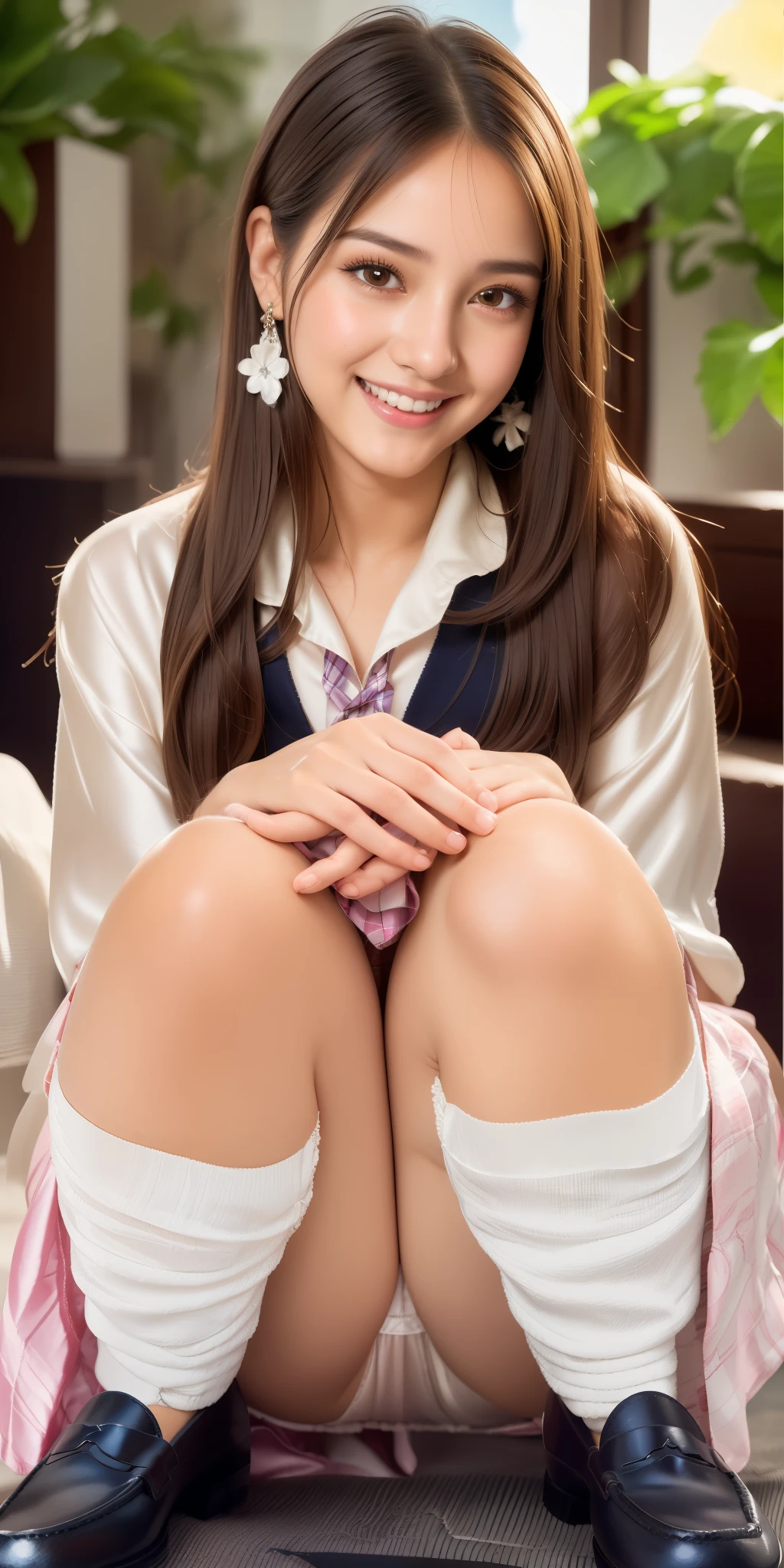 (face front:1.2), (big smile:1.3),(beaming smile:1.3),bursting smile, (extremely beautiful face:1.3),(big eyes:1.3),(double eyelids:1.3),(very long silky hair:1.3),(long eyelashes:1.2), beautiful lips, beautiful eyes, beautiful teeth:1.2),(realistic silk panties:1.2),(white panties:1.3),(detailed panties:1.3),32K,masterpiece,(15 year old girl:1.2), (round and small face:1.3), Raw photo, (detailed fingers:1.2),Best Quality, photorealistic, highly detailed CG Unity 32K wallpaper, intricate detailed face, (Ultra detailed skin:1.2) super idol, clear eyes, thick thighs, drooping eyes ,(checked skirt:1.3), Japanese school uniform, (brown loafers:1.3), loose socks,