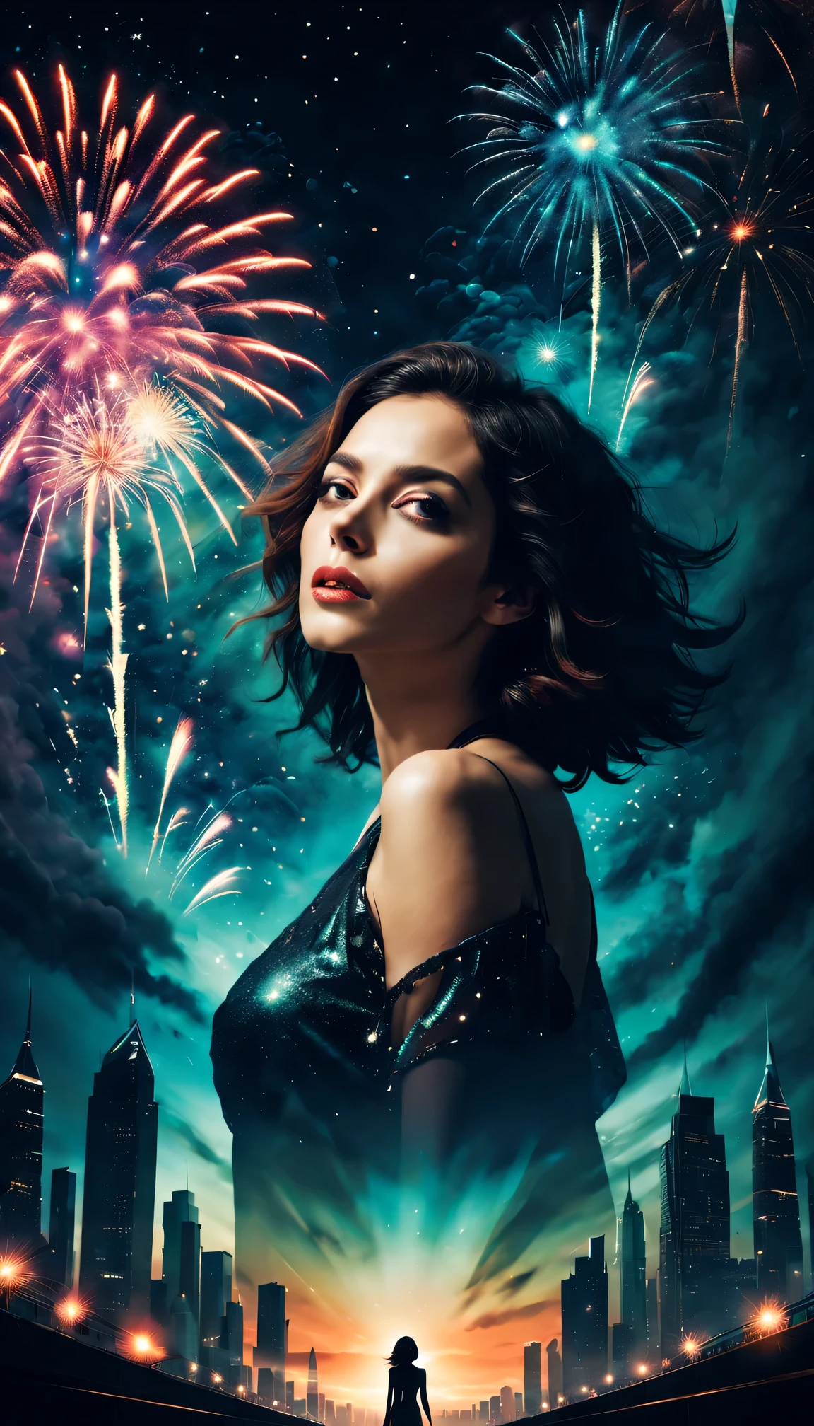 Movie poster style,wide wide shot，Expansive night sky，new year，A grand fireworks display，woman portrait，double exposure effect，dramatic lights，vivd coloong exposure technology，creative composition，artsy photography，hight contrast，abstract elements，emotionally captivating，Expressive eyes，soft focus，vague background，Beautiful lip details，multiple exposure，Different Perspectives、The city of the future，Silhouette of a high-rise building。The texture is clear、overlay images、A harmonious blend of themes、art story、Surreal atmosphere、Experimental Technology、imaginative exploration、Artistic expression、Artistic interpretation、Creative experimentation、personal narrative、Layered composition、Ethereal aesthetics、Shocking visual impact、visual depth、magic realism、poetic atmosphere，Detailed and meticulous，visual poetry