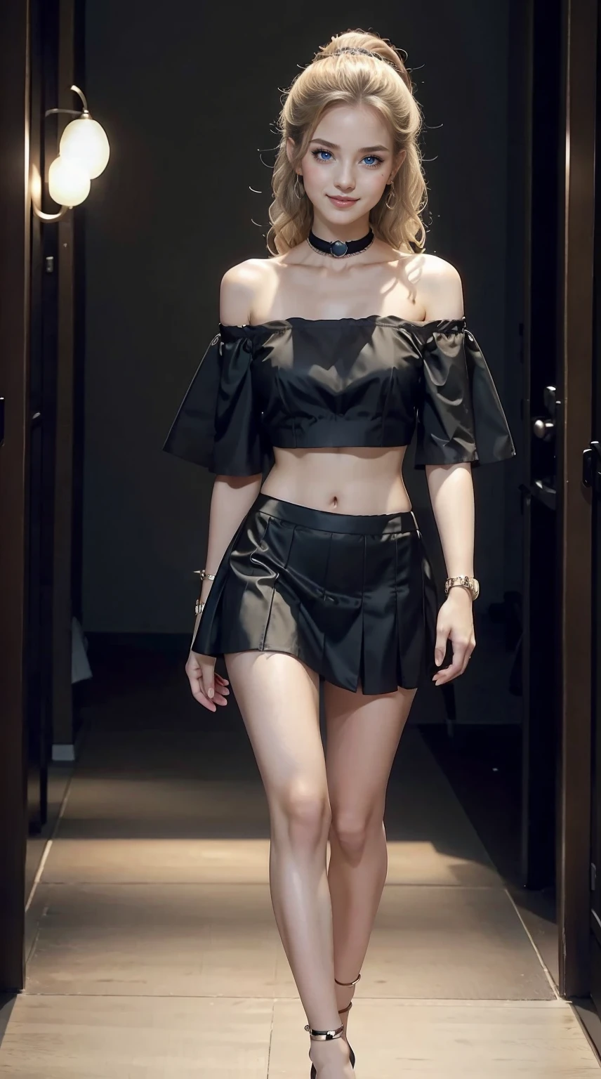 25-year-old Caucasian woman、bionde、blue eyess、Longhaire、My hair is wavy、I'm wearing eyeshadow and lipstick、accessories on the wrist、wearing a choker、Shiny skin、setting hair、a smile、slim muscular body、I don't want my head to disappear from the screen.、I'm wearing high heels、Wearing an off-shoulder top with lace、Abs are cracked、I can see the belly button、I'm wearing a mini-length pleated skirt、I'm wearing high heels、Walking down the fashion show runway