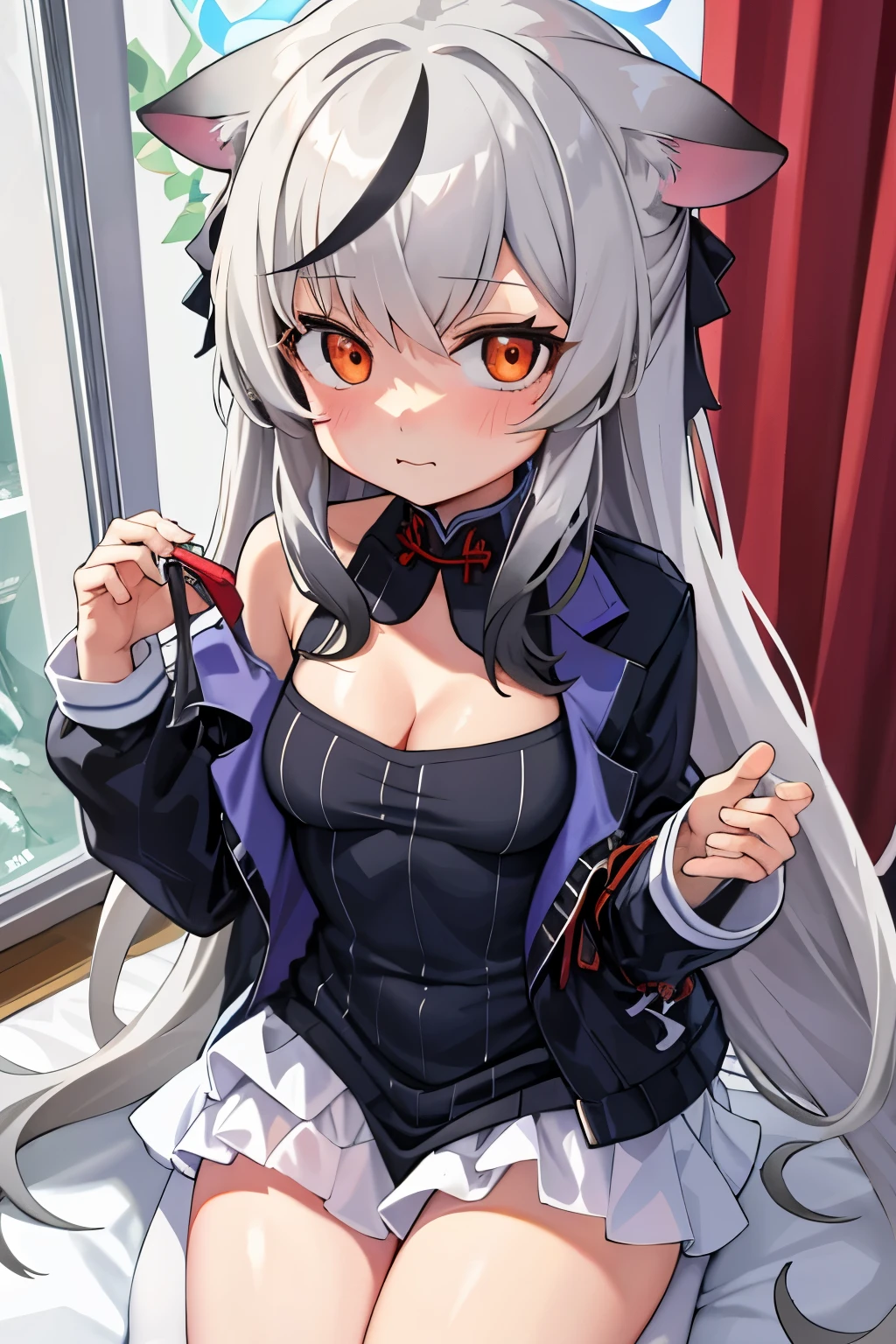 tmasterpiece, best qualtiy, ultra - detailed, 1girll,Gray hair Kokona, inside in room, Orange eye, :3,the face, closeup cleavage, Christmas sweater, Christmas atmosphere